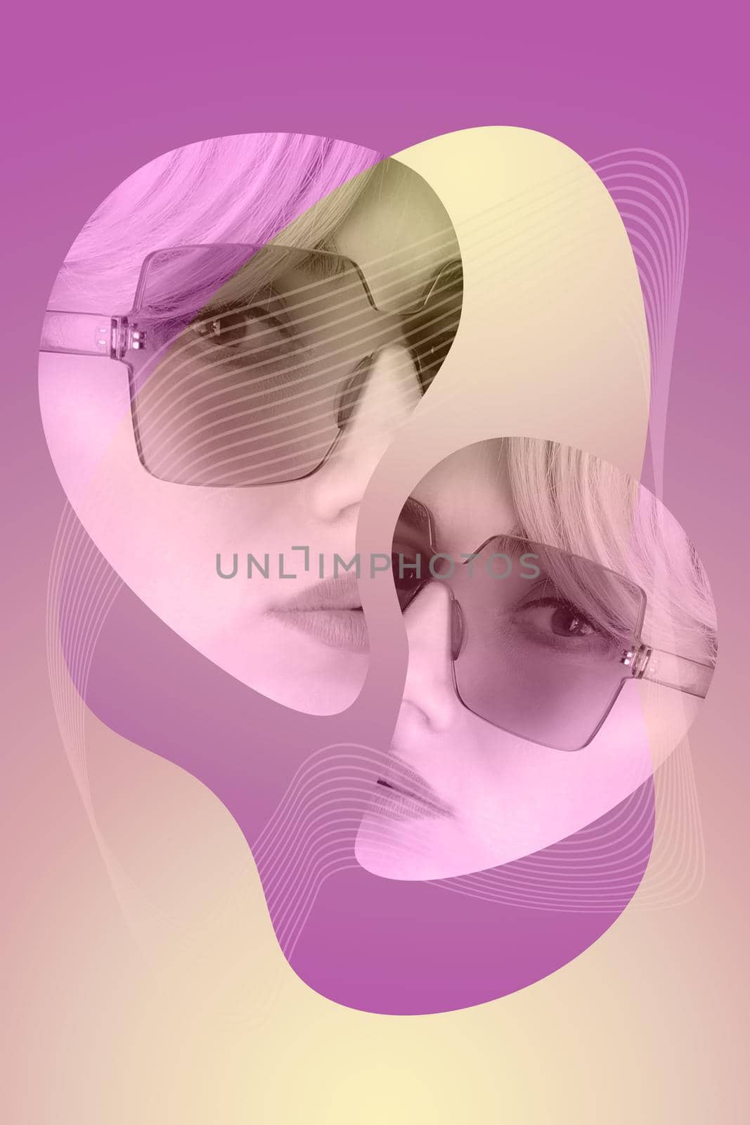 Funky woman in sunglasses. Crazy lady and surreal composition of textures, shapes, gradients. Contemporary art collage. Fashion magazine style for posters, banners, wallpaper. Zine culture. Pop art.