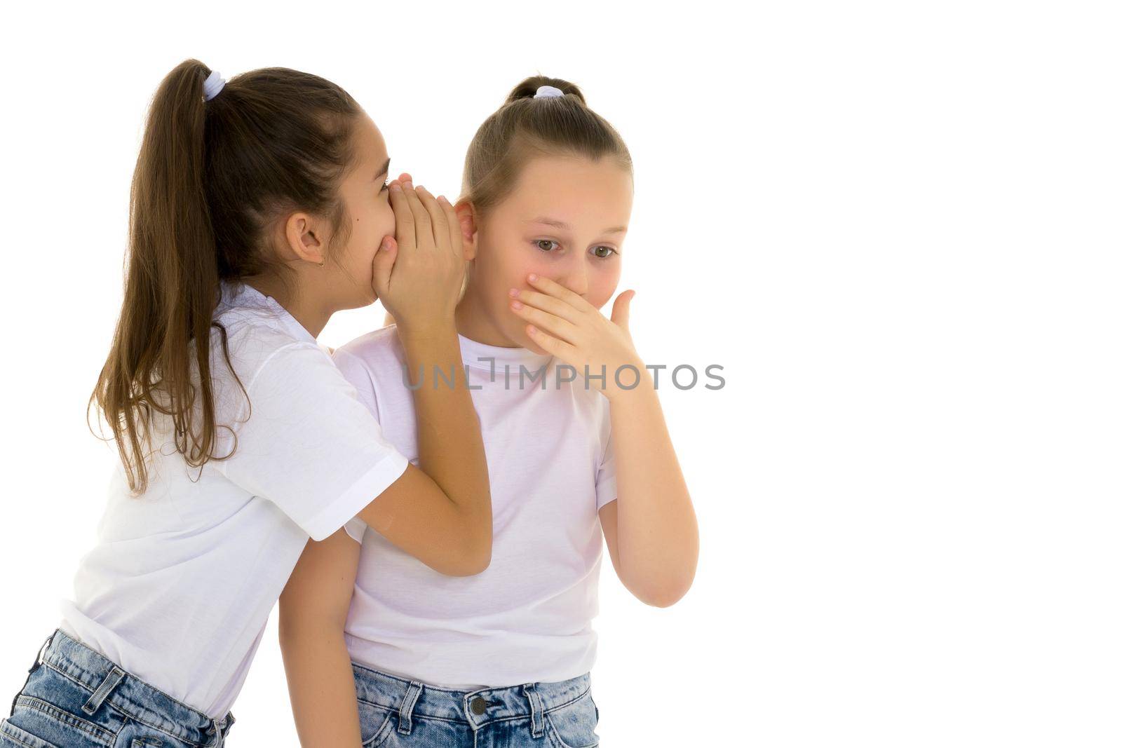 Two girls telling a secret and expressing surprise isolated on white