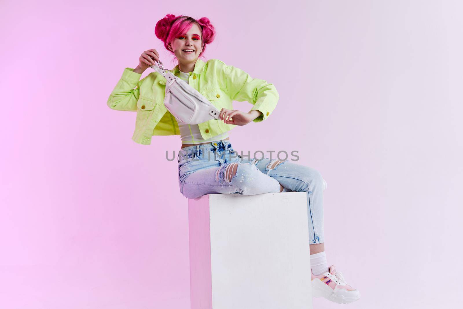 fashionable woman green jacket fashionable clothes. High quality photo