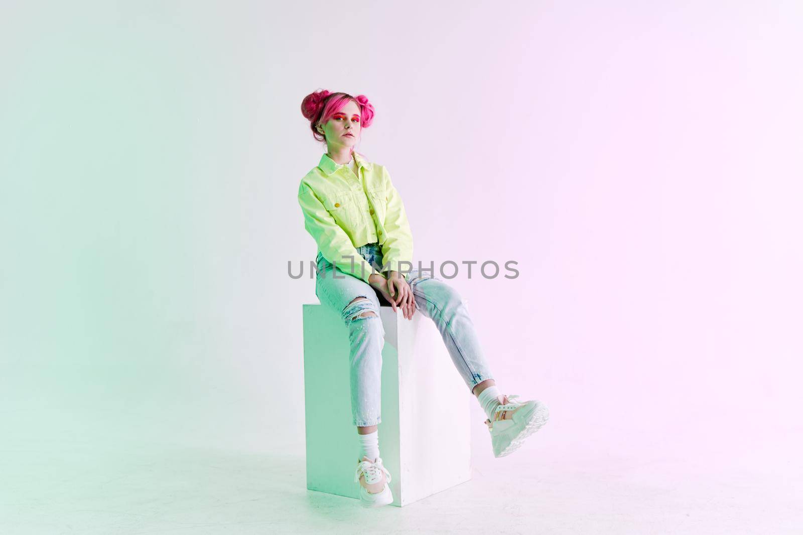 hipster woman green jacket fashionable clothes Acid style design. High quality photo