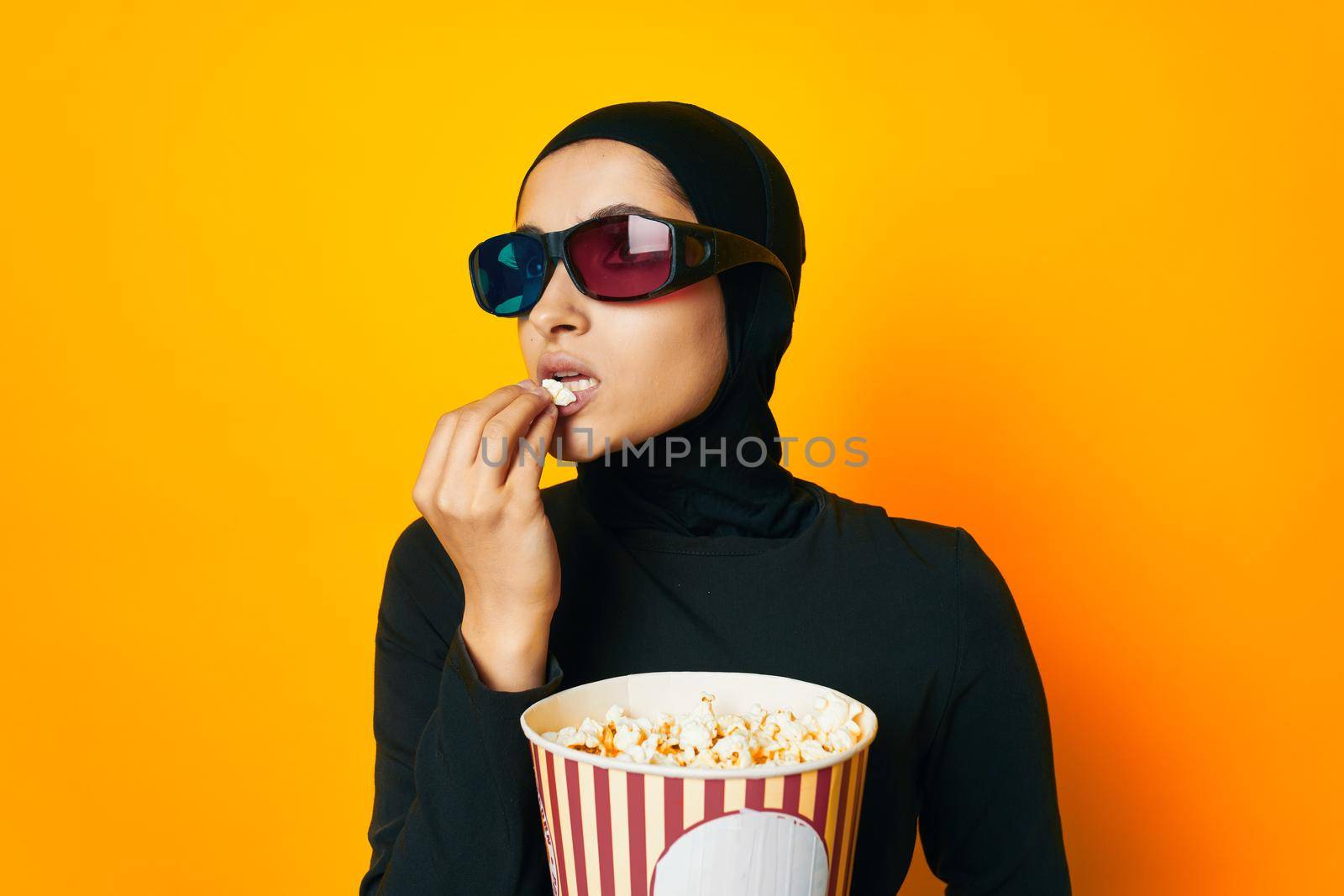 cheerful woman 3D glasses entertainment emotions isolated background. High quality photo
