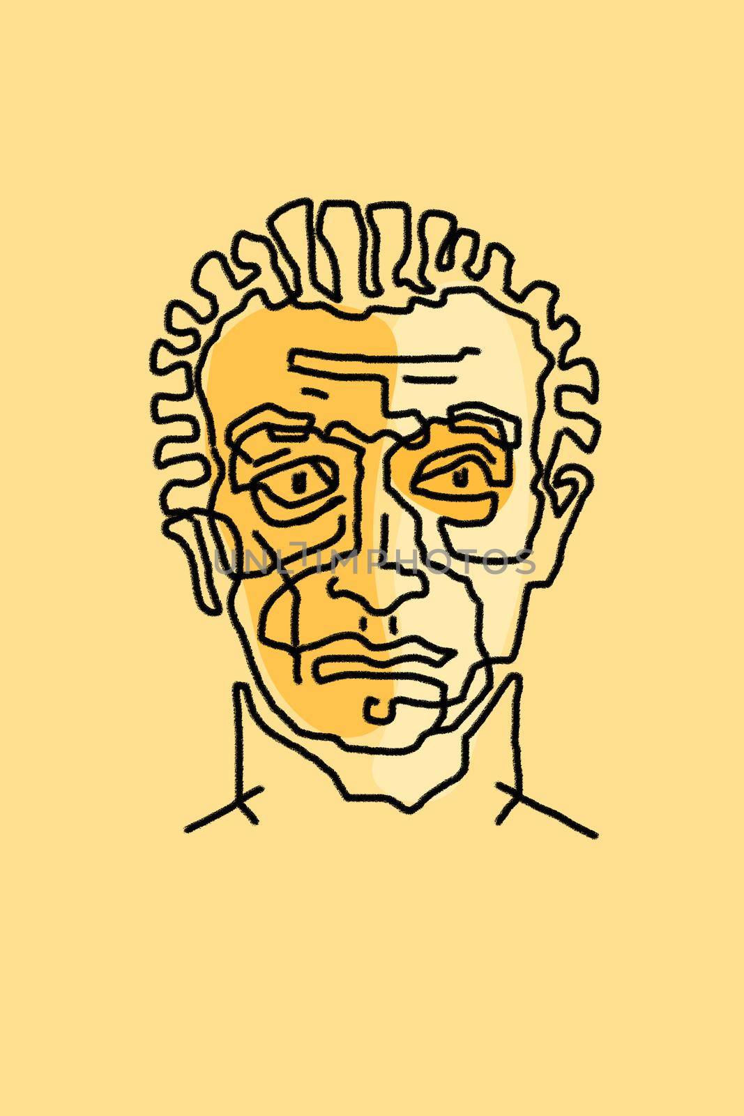 Abstract line surreal face. Modern art creative concept image with ancient statue head. Crazy contemporary drawing in modern cubism style. Funky minimalist. Old man. Pop art poster. Zine culture.