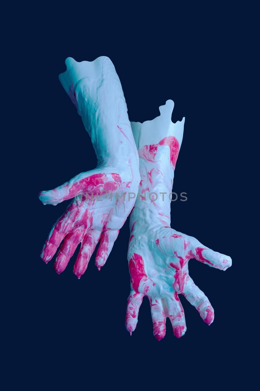 Human palms dipped in color paint. Painted hands. Liquid drips off fingers. Gesture. Contemporary art collage. Abstract surreal pop art style. Modern concept image. Funky minimalism. Zine culture.