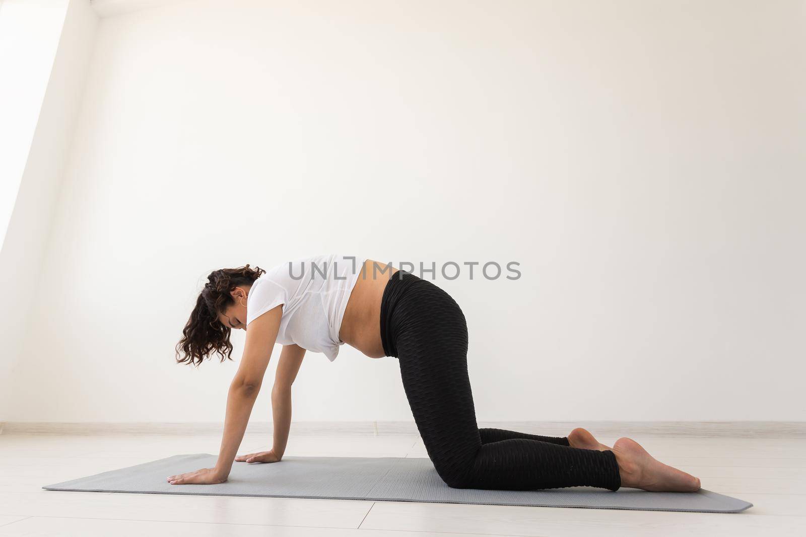 Purposeful pregnant woman exercises during yoga class and relaxes while sitting on a mat on the floor. Physical and mental preparation of the body for childbirth. Place for text