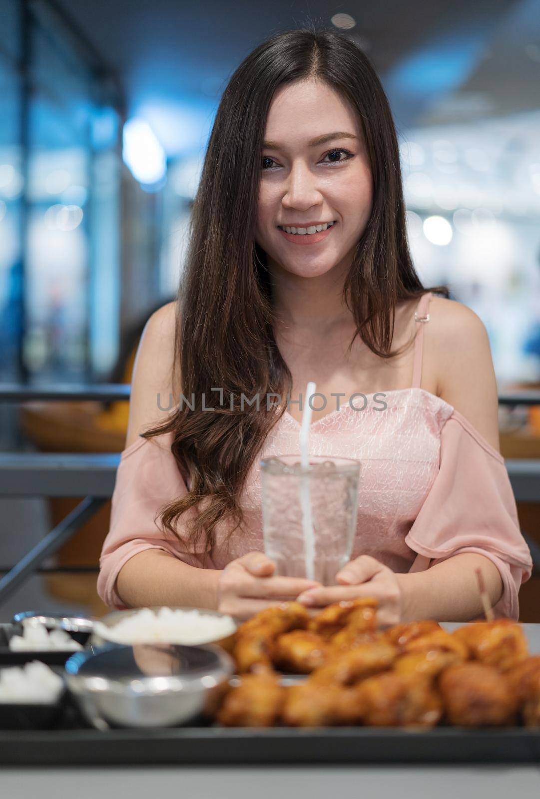 happy woman in restaurant by geargodz