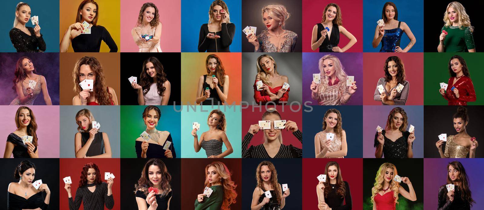 Collage of females with make-up, in stylish dresses and jewelry. They smiling, showing aces and chips, posing on colorful backgrounds. Poker, casino by nazarovsergey