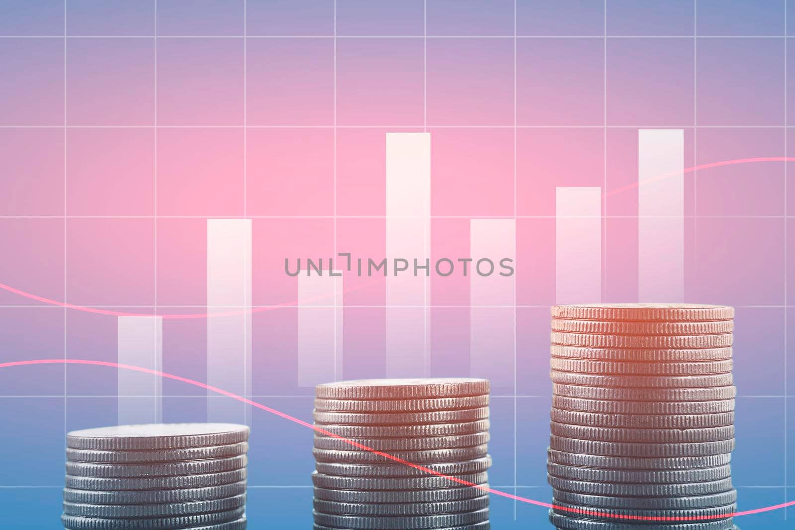 The Double exposure of graphs and rows of Thai baht coins for finance and business. Save money concept and business background on abstract digital blue color