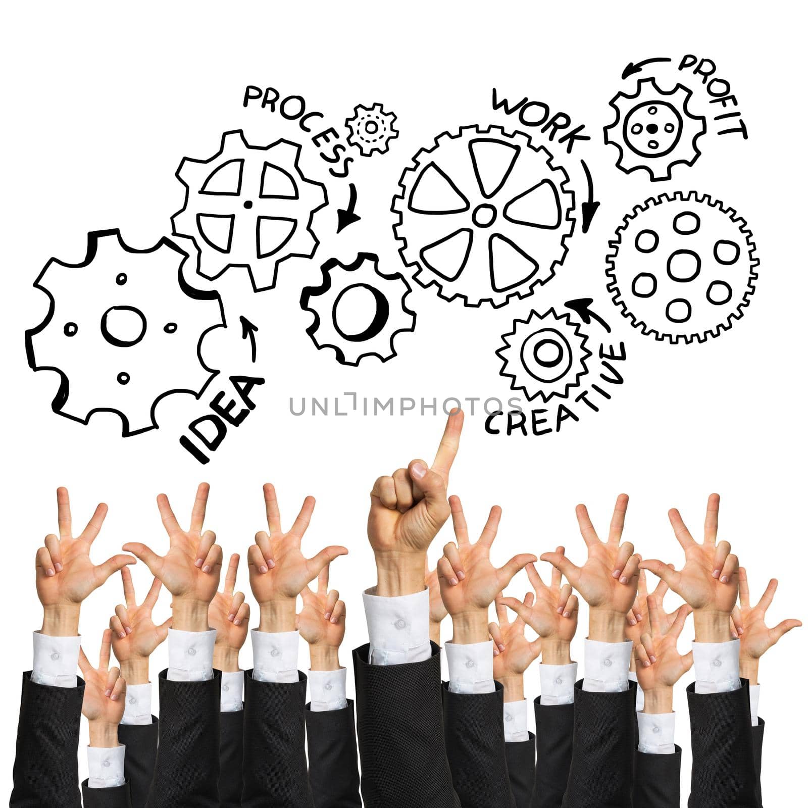 Group of hands of businesspeople showing gestures isolated on white