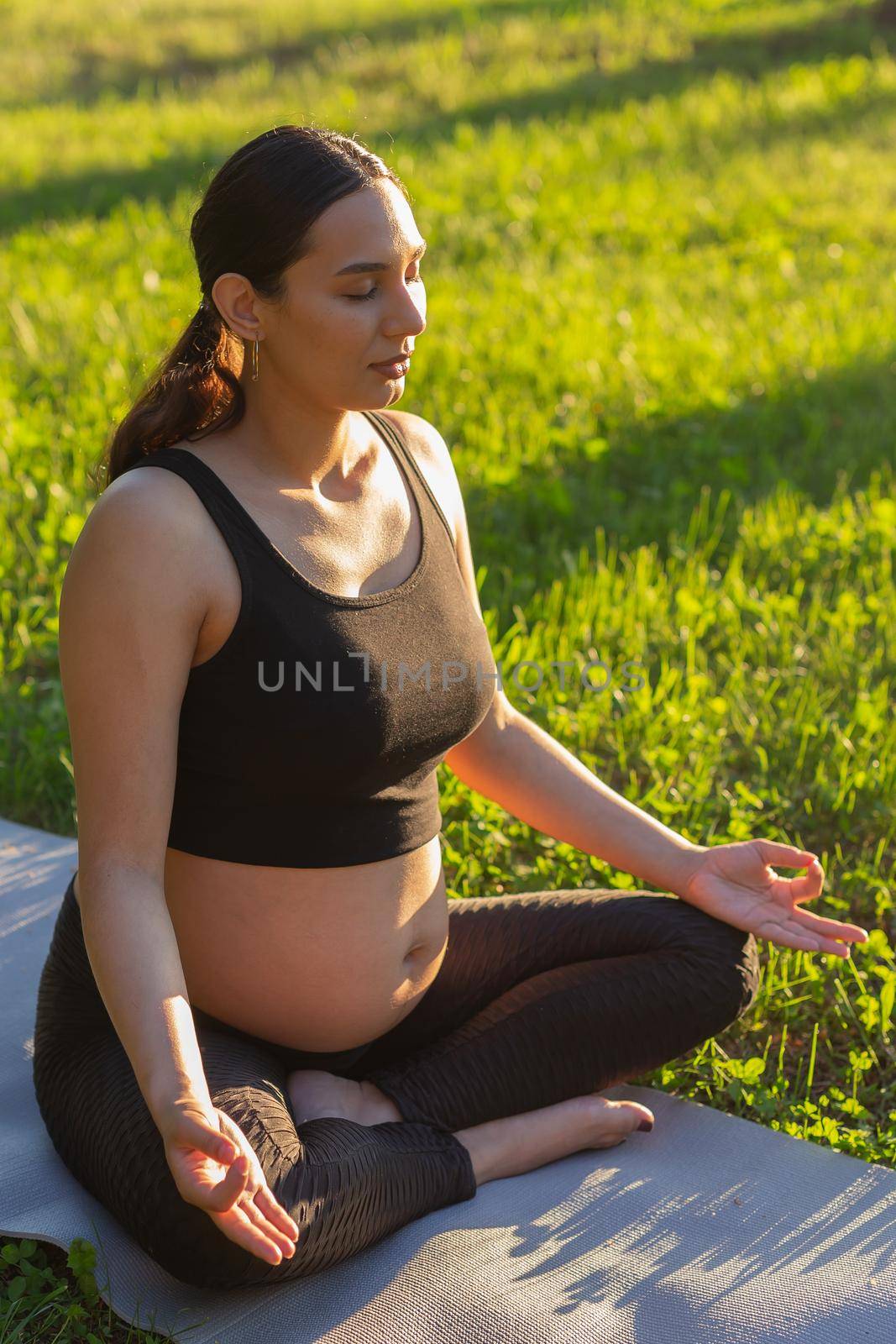 Cute young caucasian pregnant woman is meditating while sitting on a rug on the lawn on a sunny summer evening. Concept of pacification