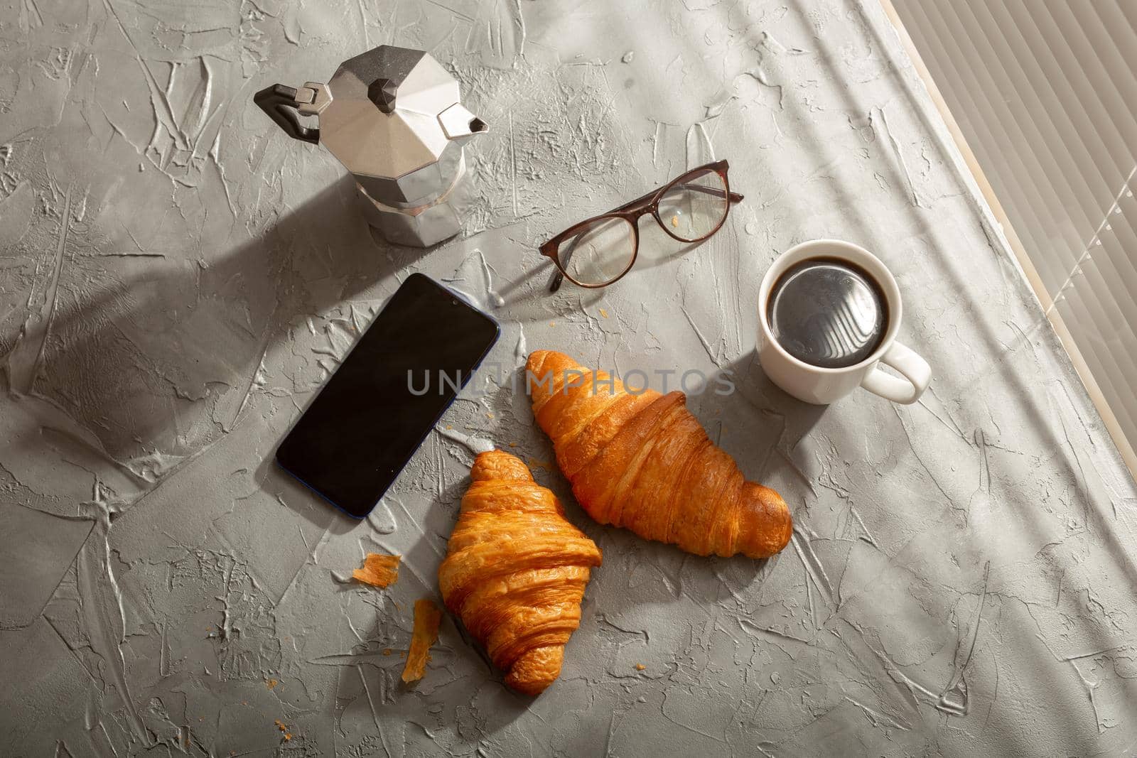 Breakfast with croissant and coffee and moka pot. Morning meal and breakfast concept. by Satura86