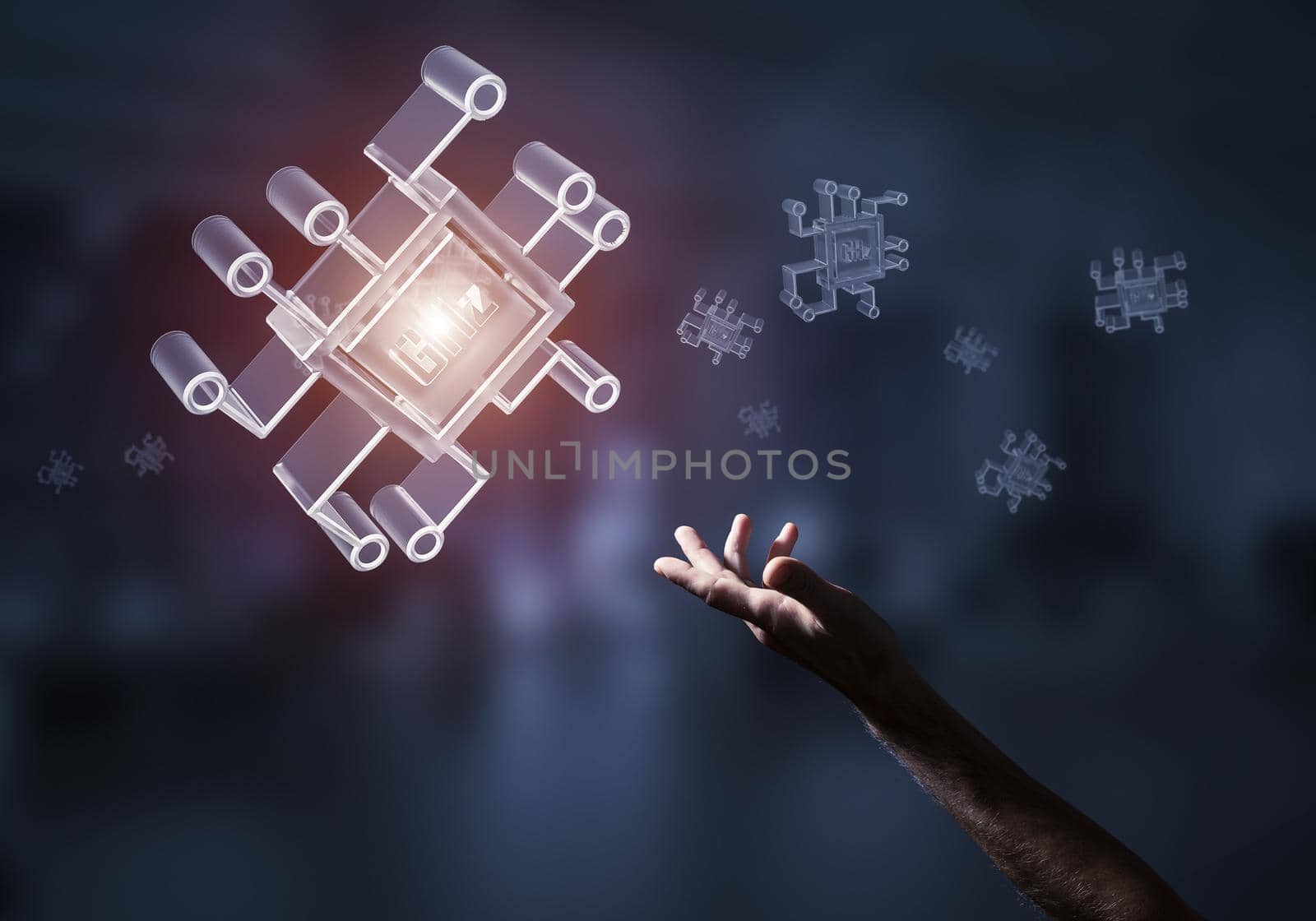 Close of businessman hand touching glass chip icon on dark office background. Mixed media