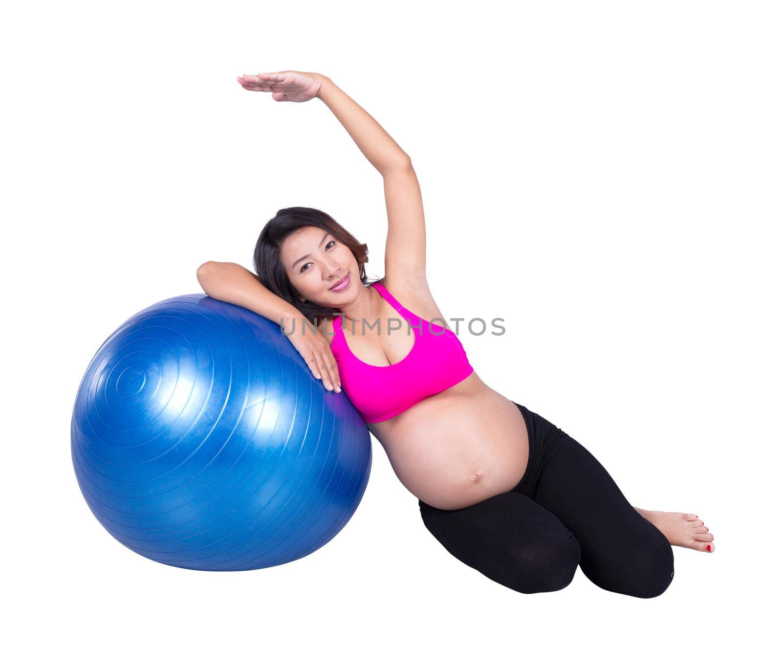 Pregnant woman with fitness ball on white background by geargodz