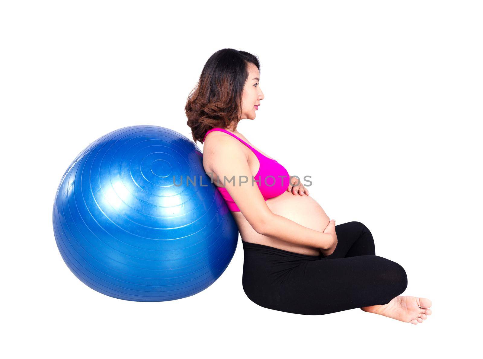 Pregnant woman with fitness ball on white background by geargodz