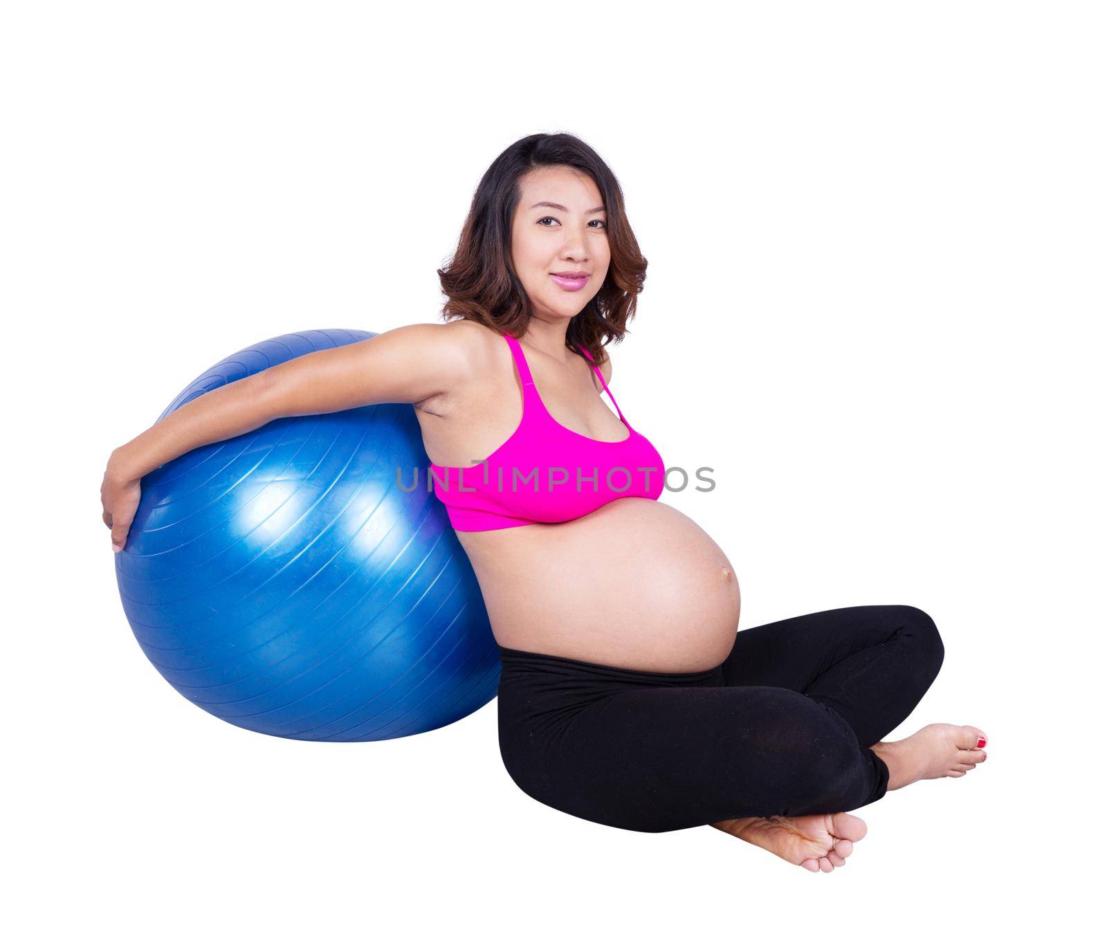 Pregnant woman with fitness ball on white background by geargodz