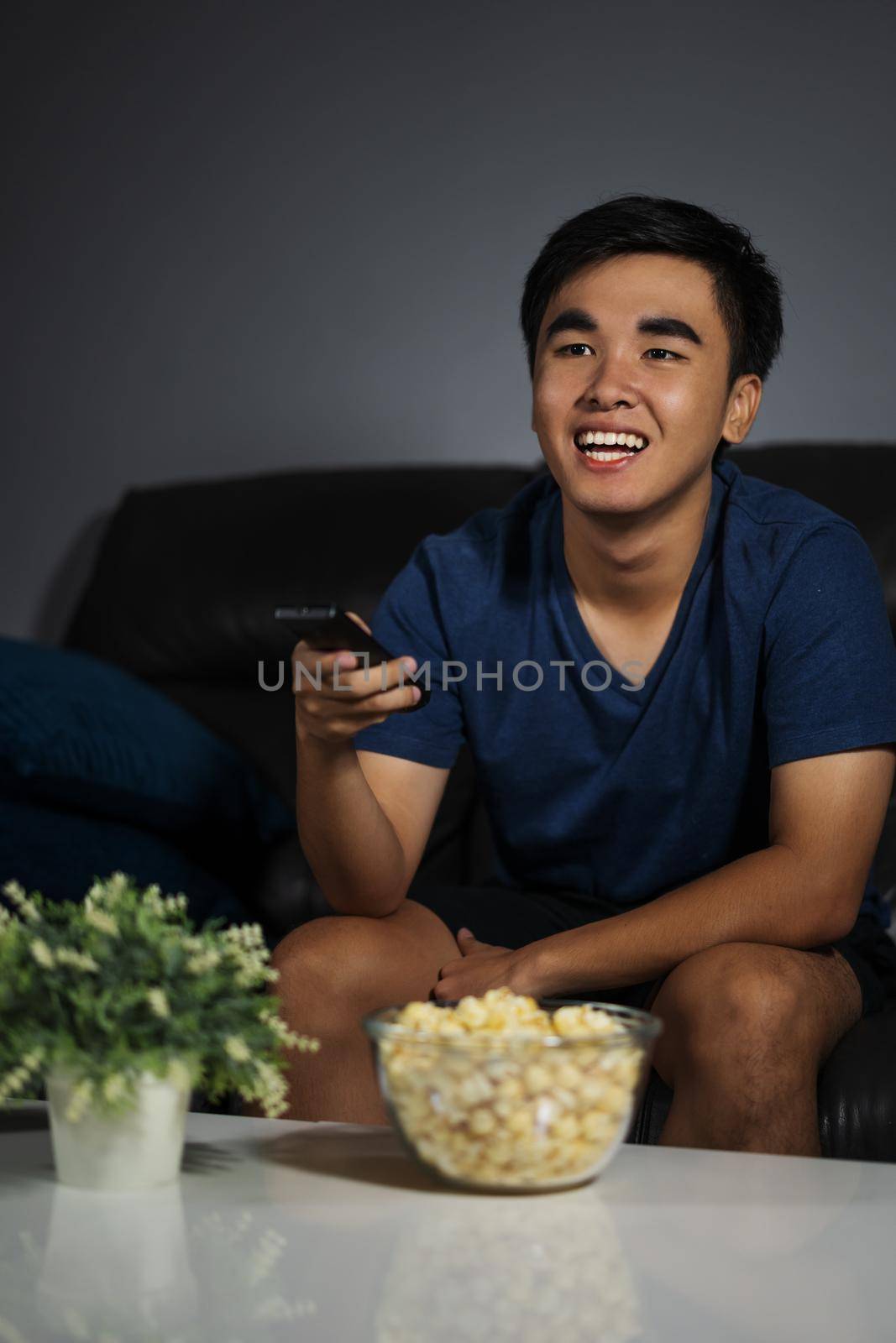 cheerful young man holding remote control and watching TV while sitting on sofa at night