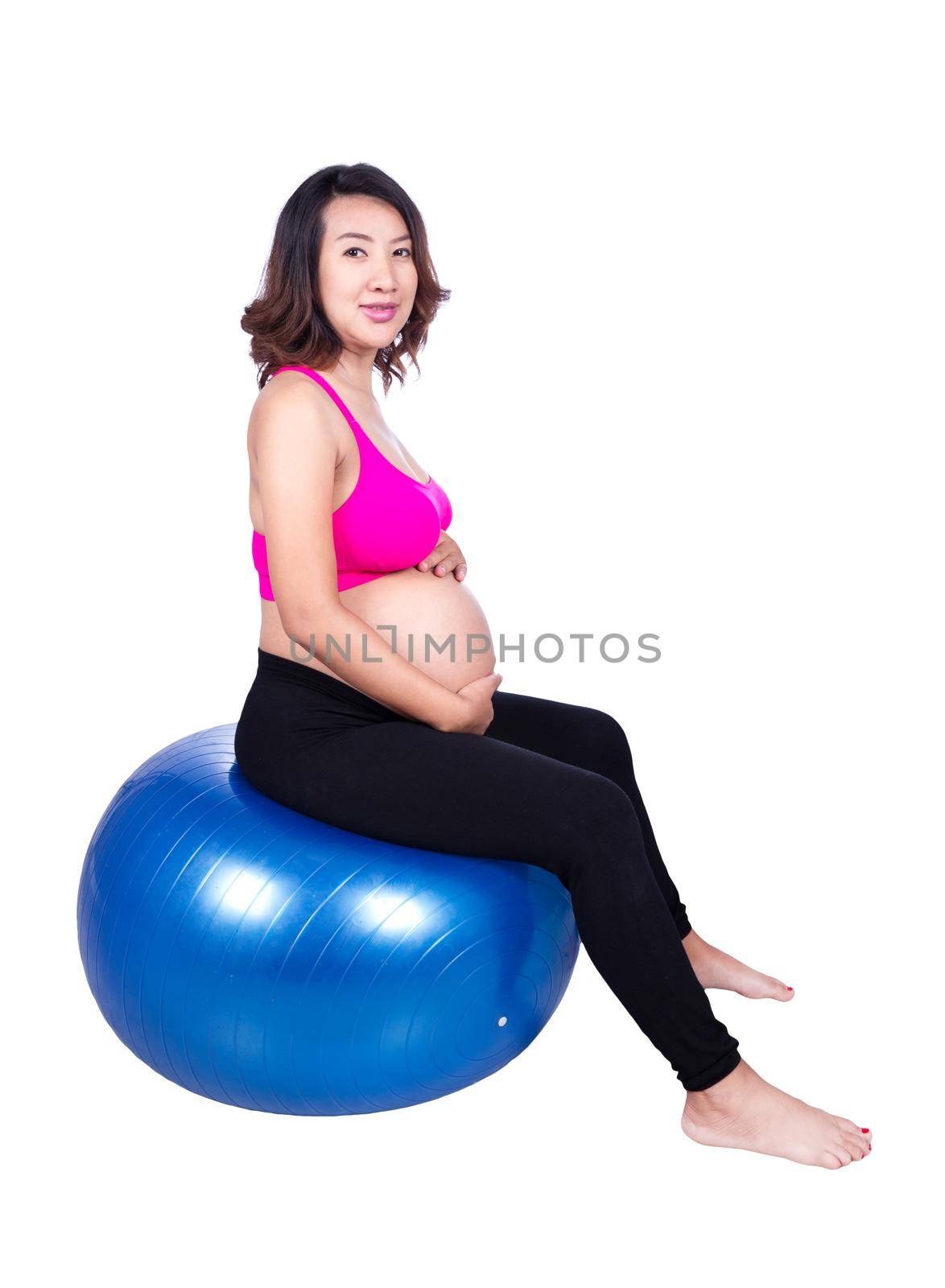 Pregnant woman with fitness ball on white background by geargodz