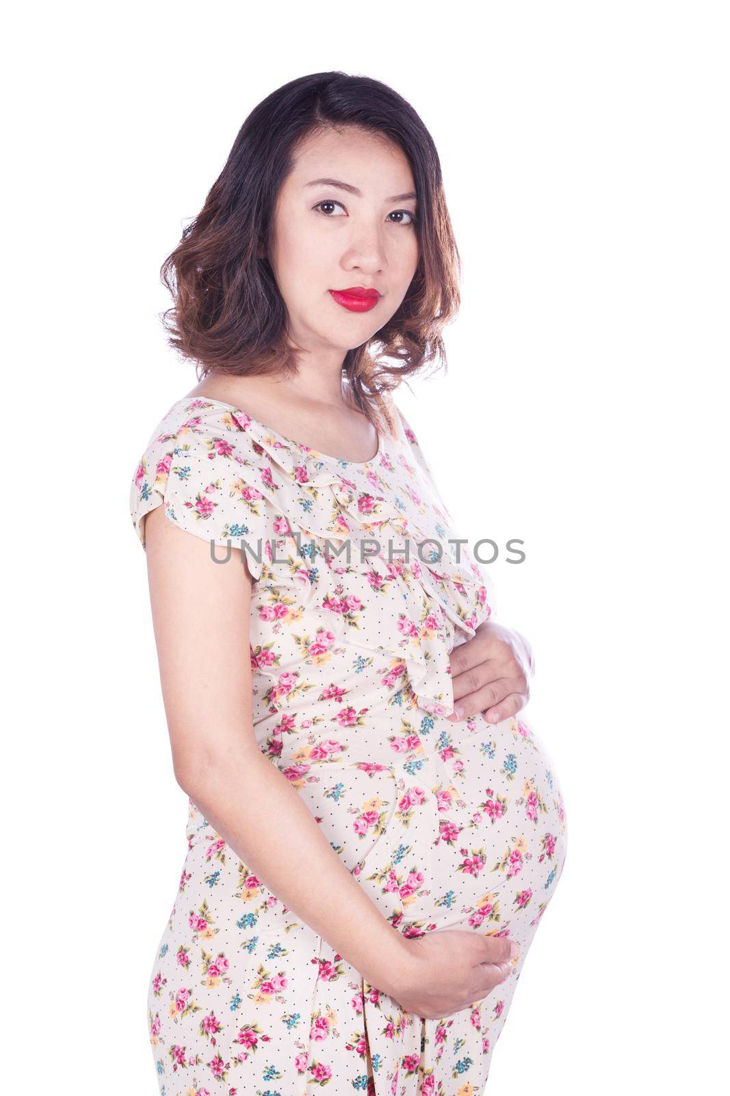 pregnant woman in dress isolated on white background by geargodz