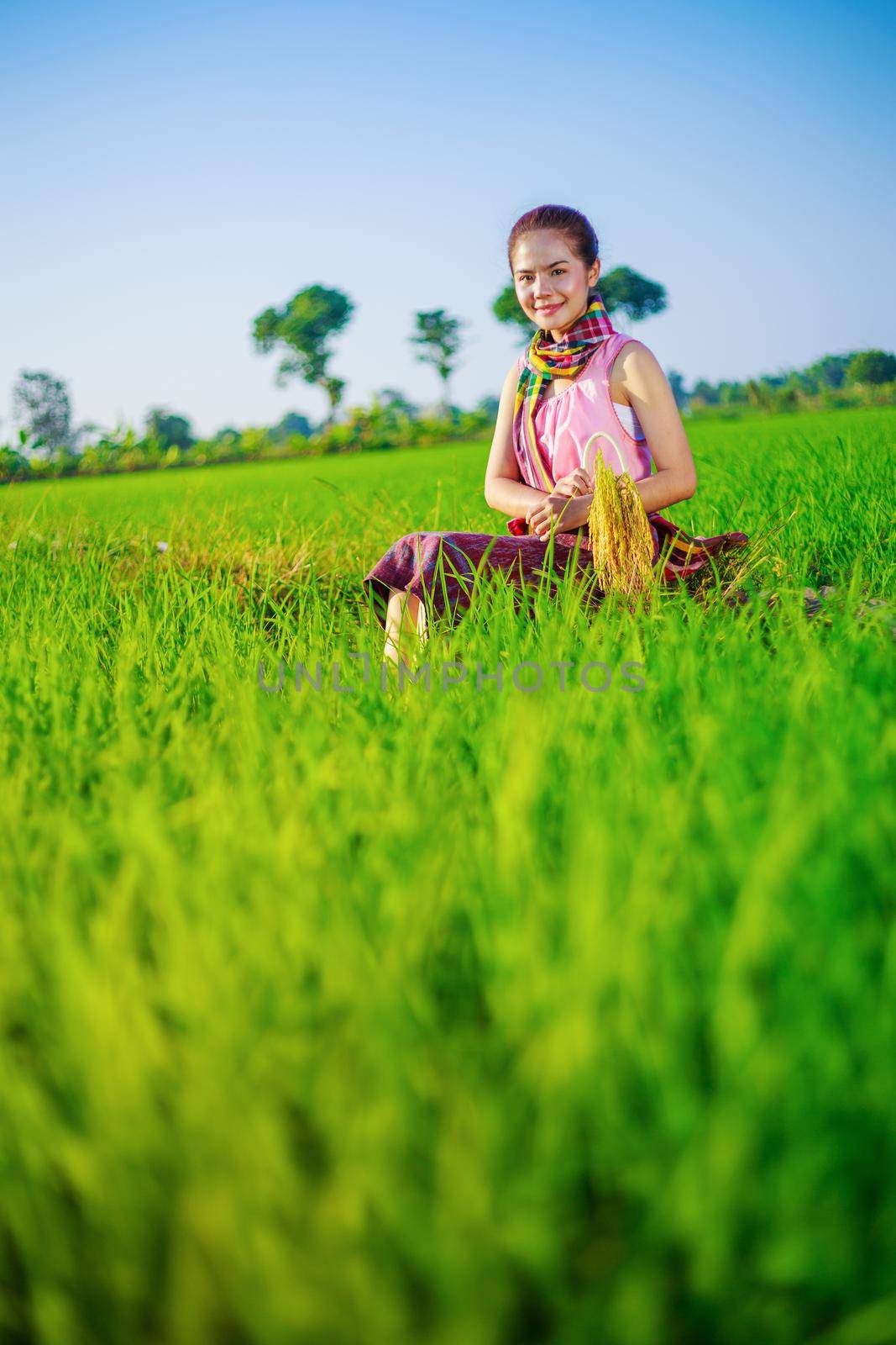 beautiful farmer woman sitting in rice filed, Thailand by geargodz
