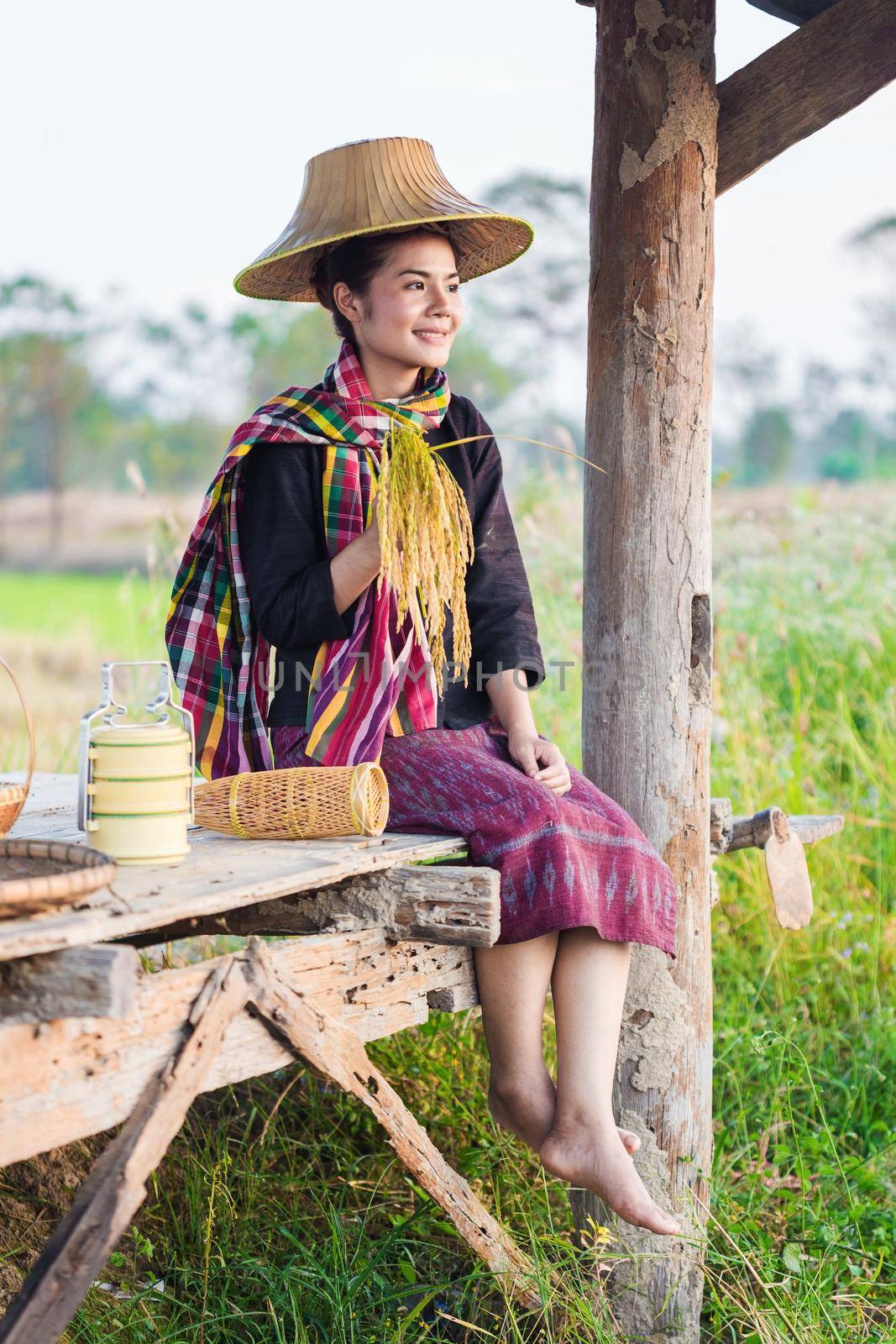 farmer woman holding rice and sitting in cottage at rice field by geargodz