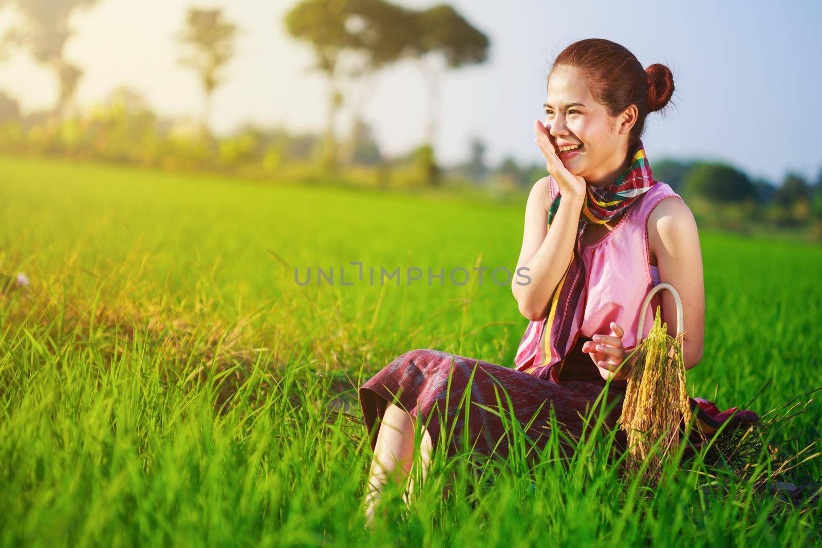 happy farmer woman sitting in green rice filed, Thailand