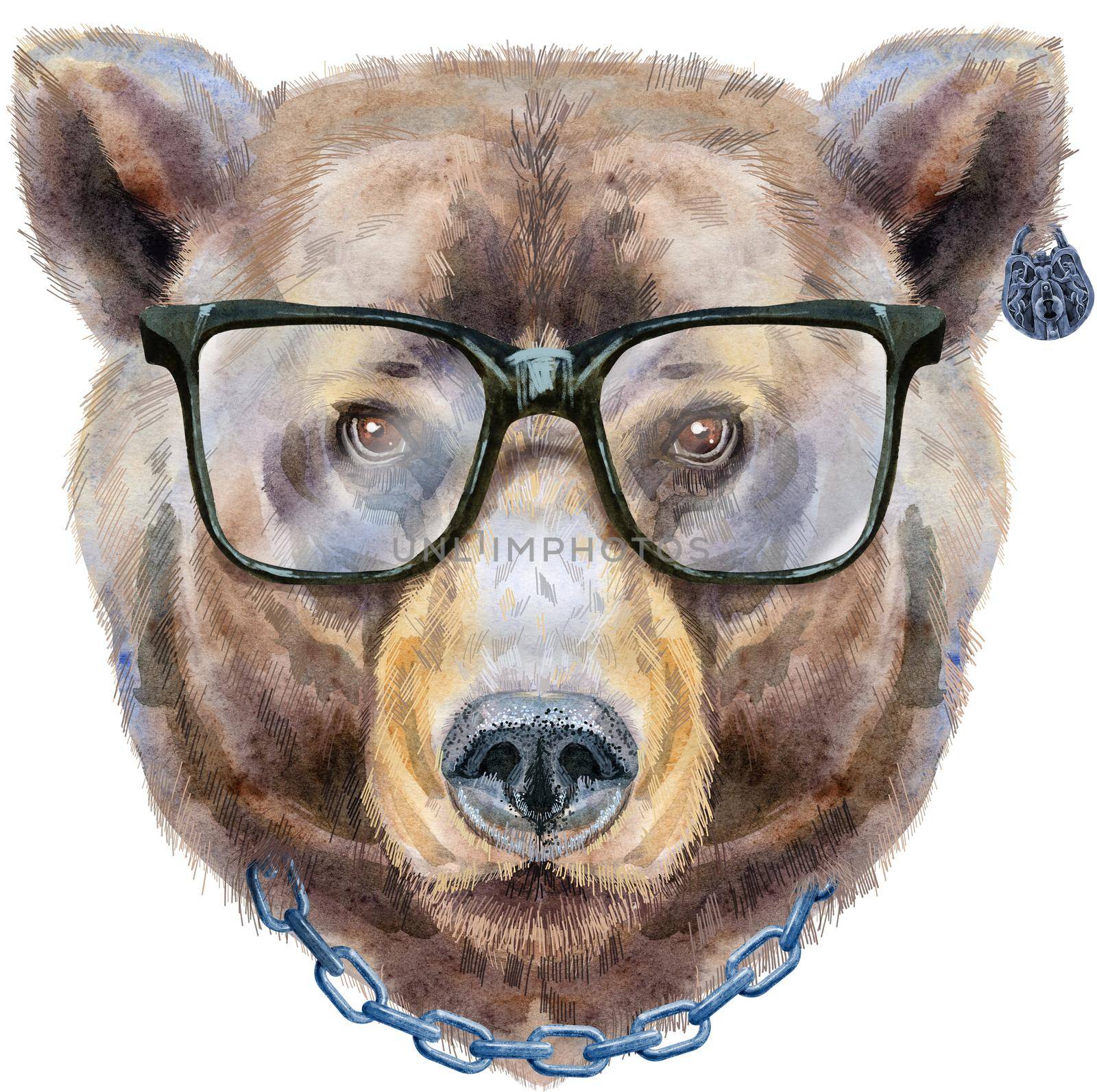Bear head with glasses. Watercolor bear painting illustration isolated on white background by NataOmsk