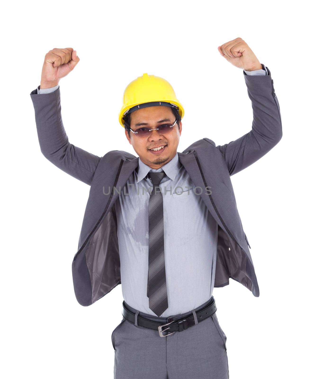 Happy young engineer celebrating with arms raised, concept of successful, isoalted on white background
