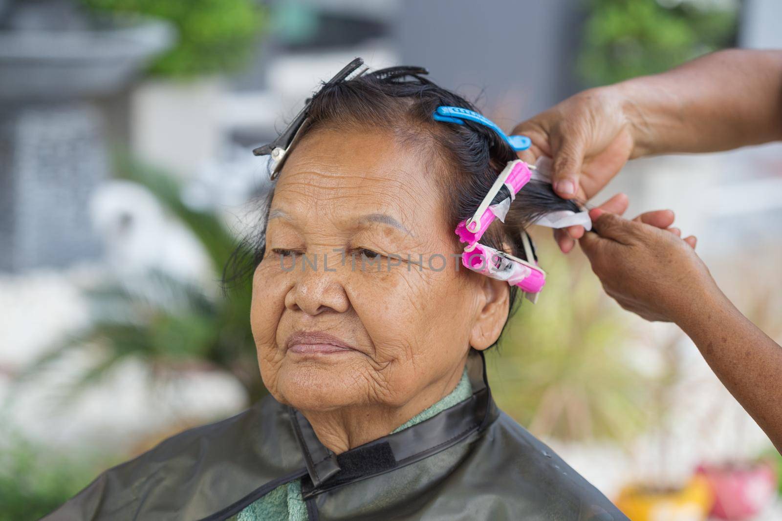hand of a hairstylist doing a perm rolling the hair of senior woman