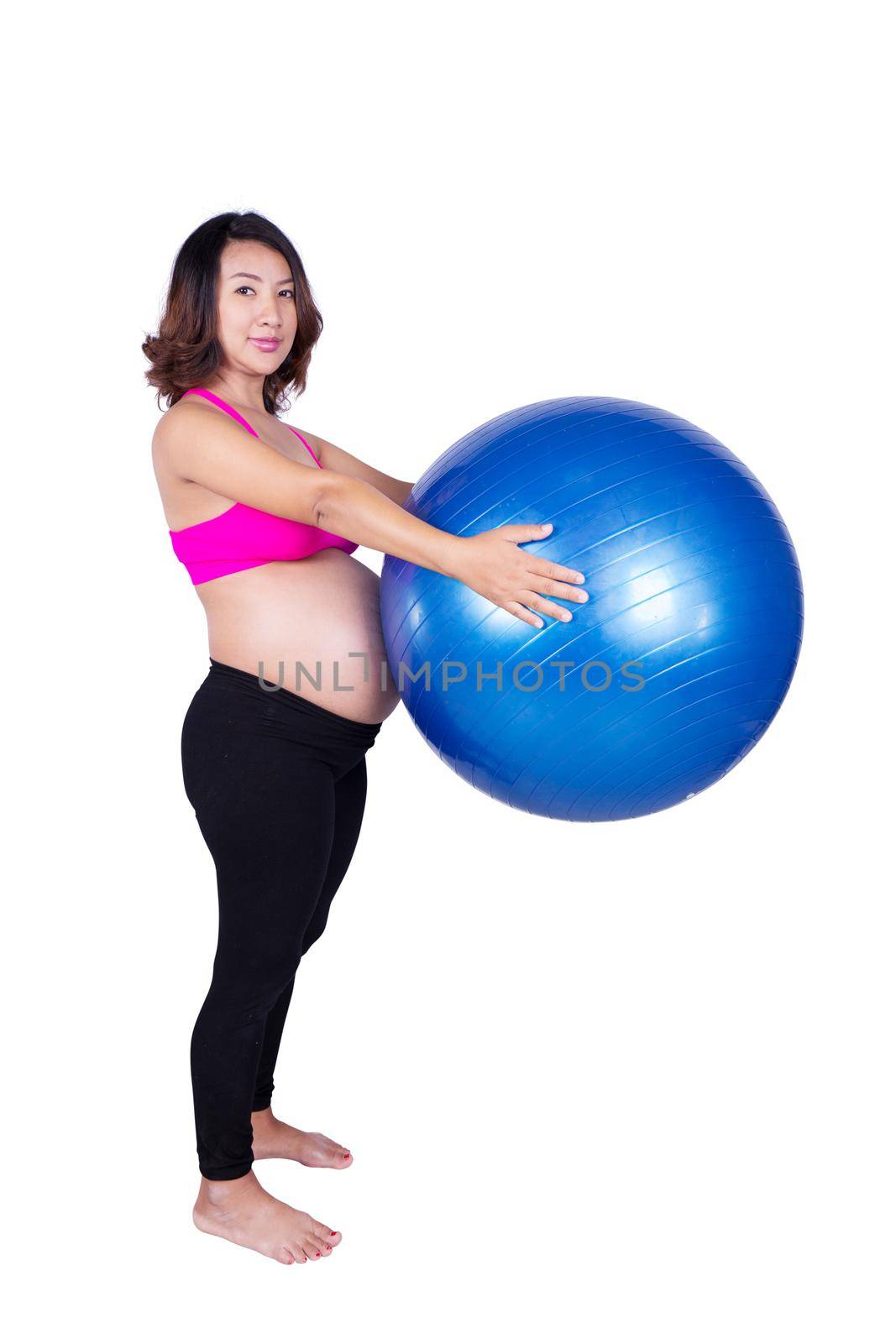 Pregnant woman with fitness ball isolated on white background