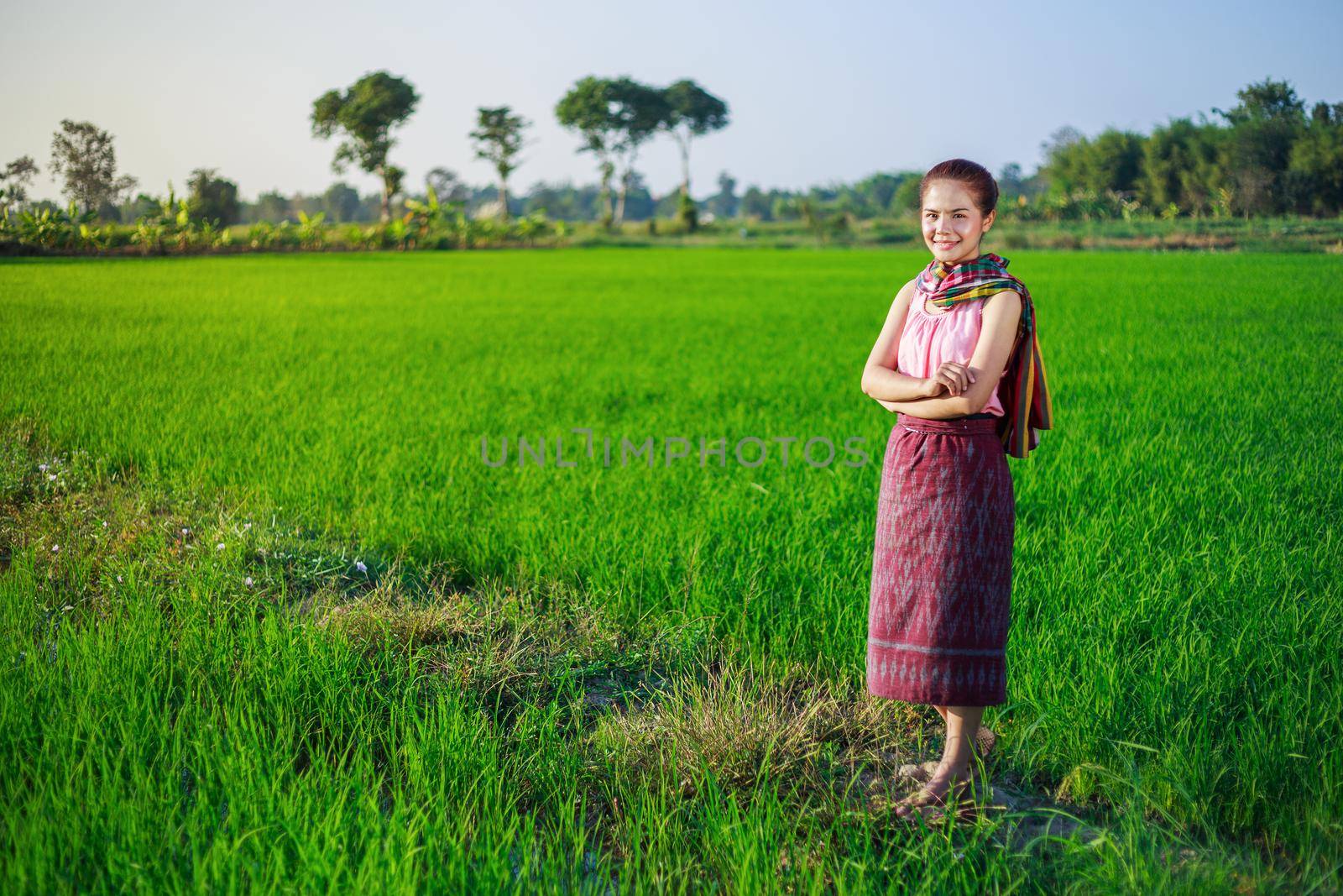beautiful farmer woman in rice field, Thailand