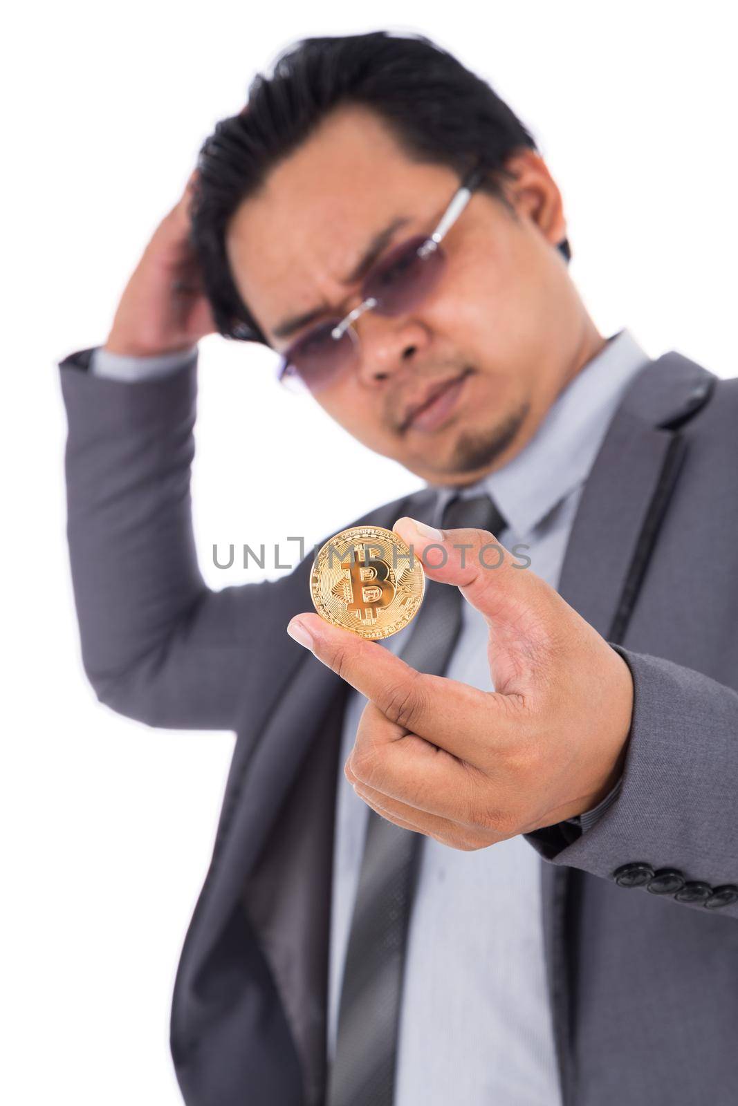 businessman sad about bitcoin isolated on white background