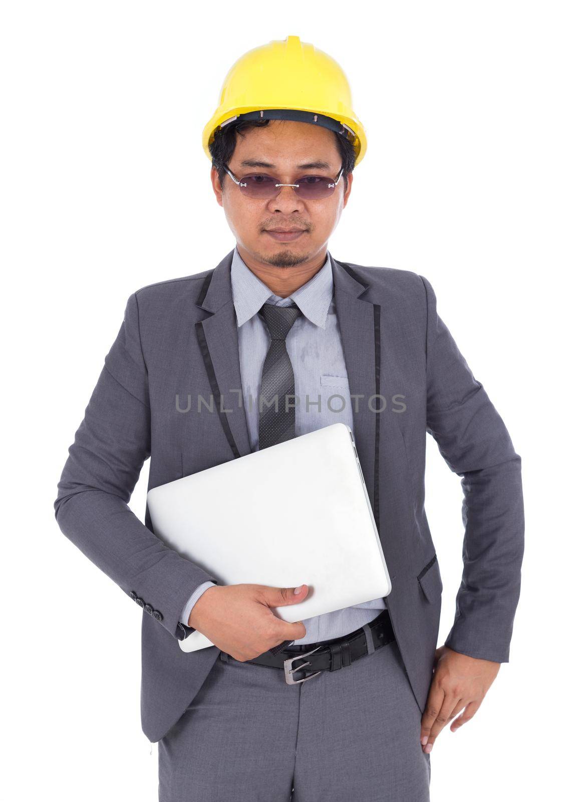 engineer holding laptop isolated on a white background