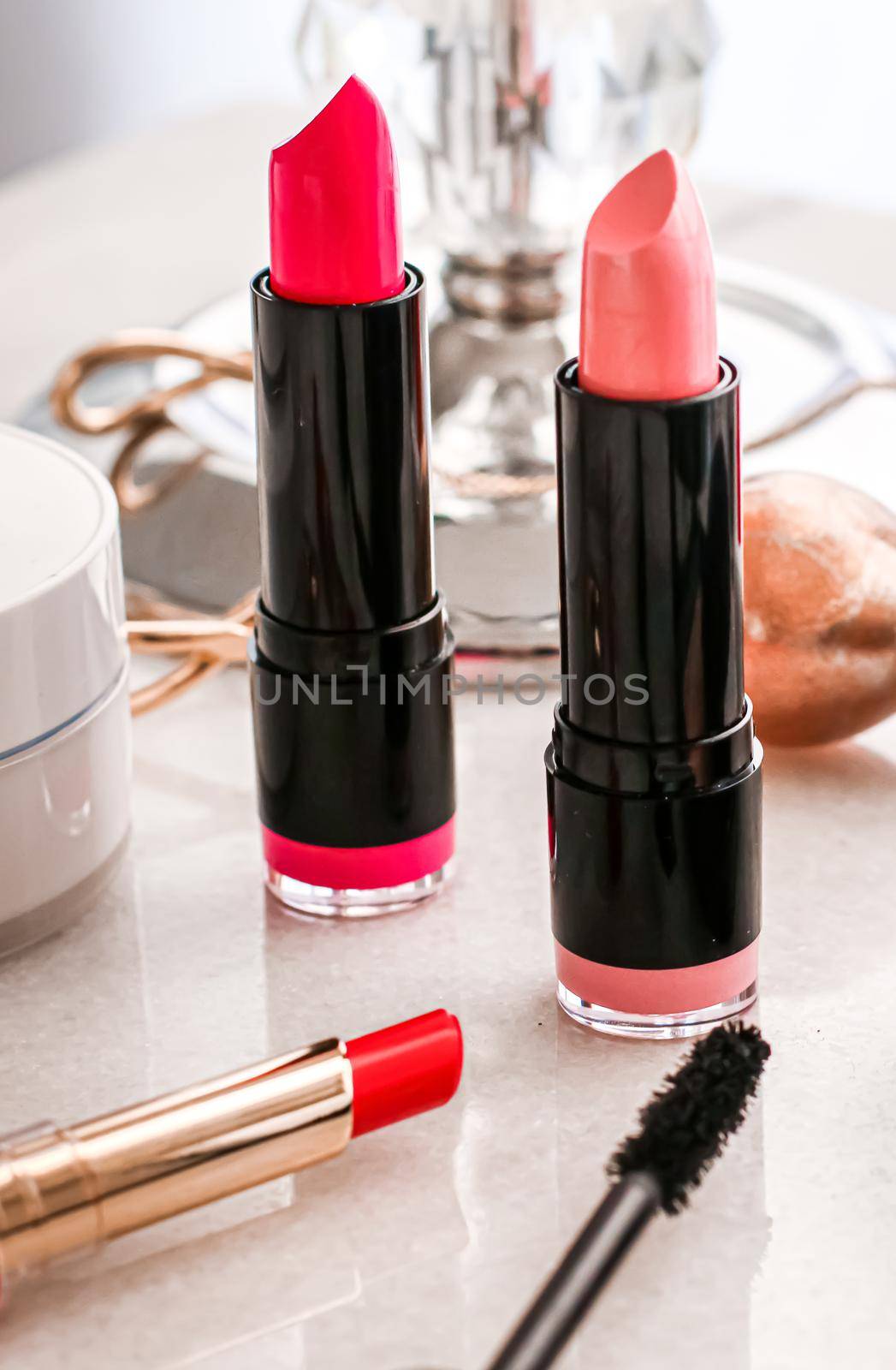 Beauty products and decorative cosmetics concept. Modern luxury make-up on vanity table as beauty blog background.