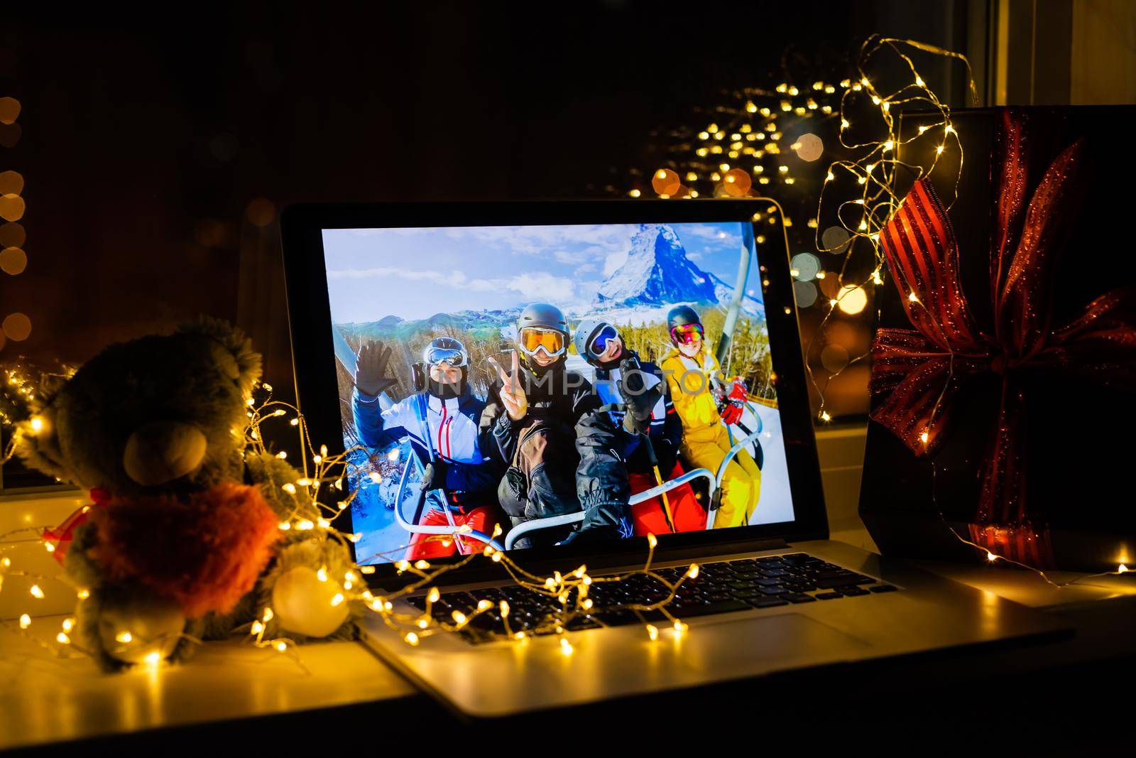 making video call on social network with family and friends on Christmas day