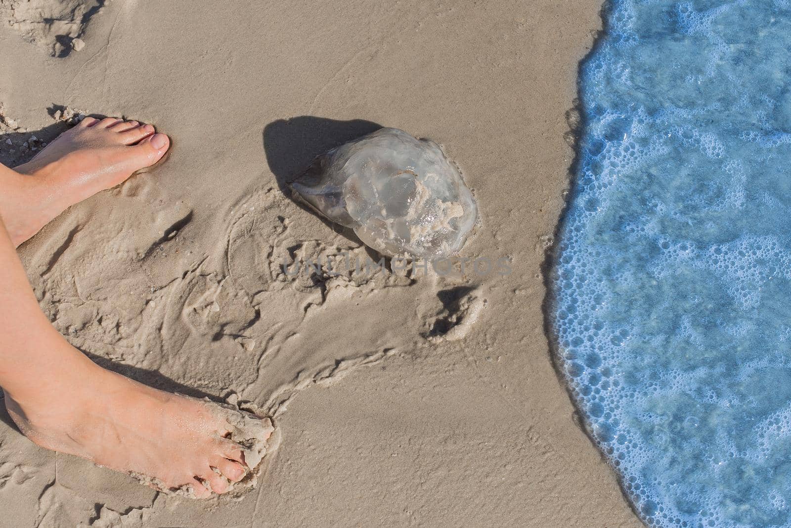The girl's feet stand next to a jellyfish lying on the beach sea shore by the water.