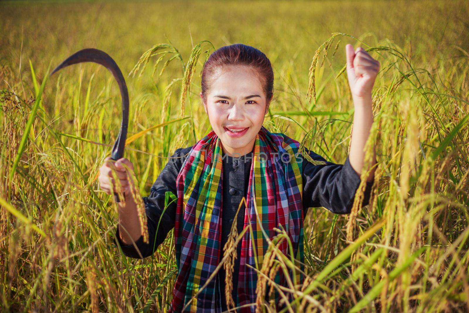 happy farmer woman in rice field by geargodz