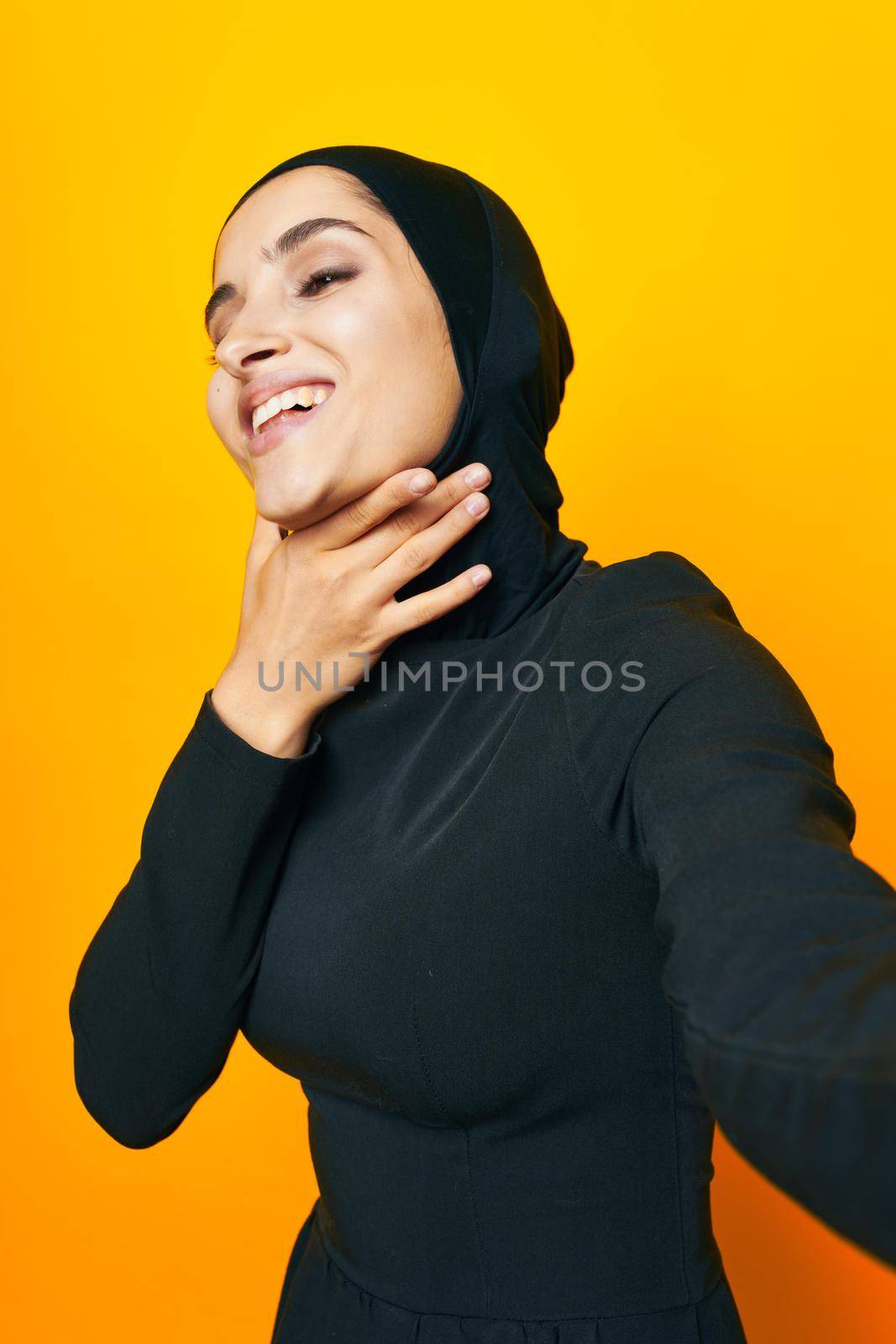 arab woman fun ethnicity model posing emotions studio lifestyle. High quality photo
