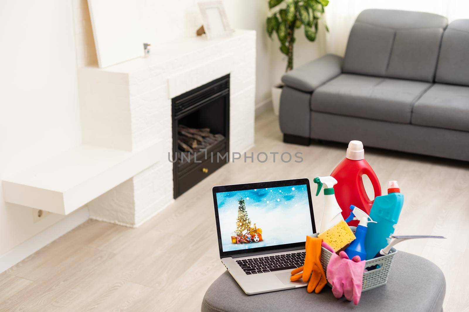 plastic bottle, cleaning sponges and gloves isolated on white background