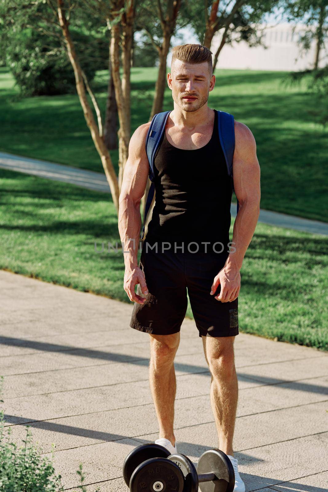 male athlete exercise outdoor fitness motivation muscle. High quality photo