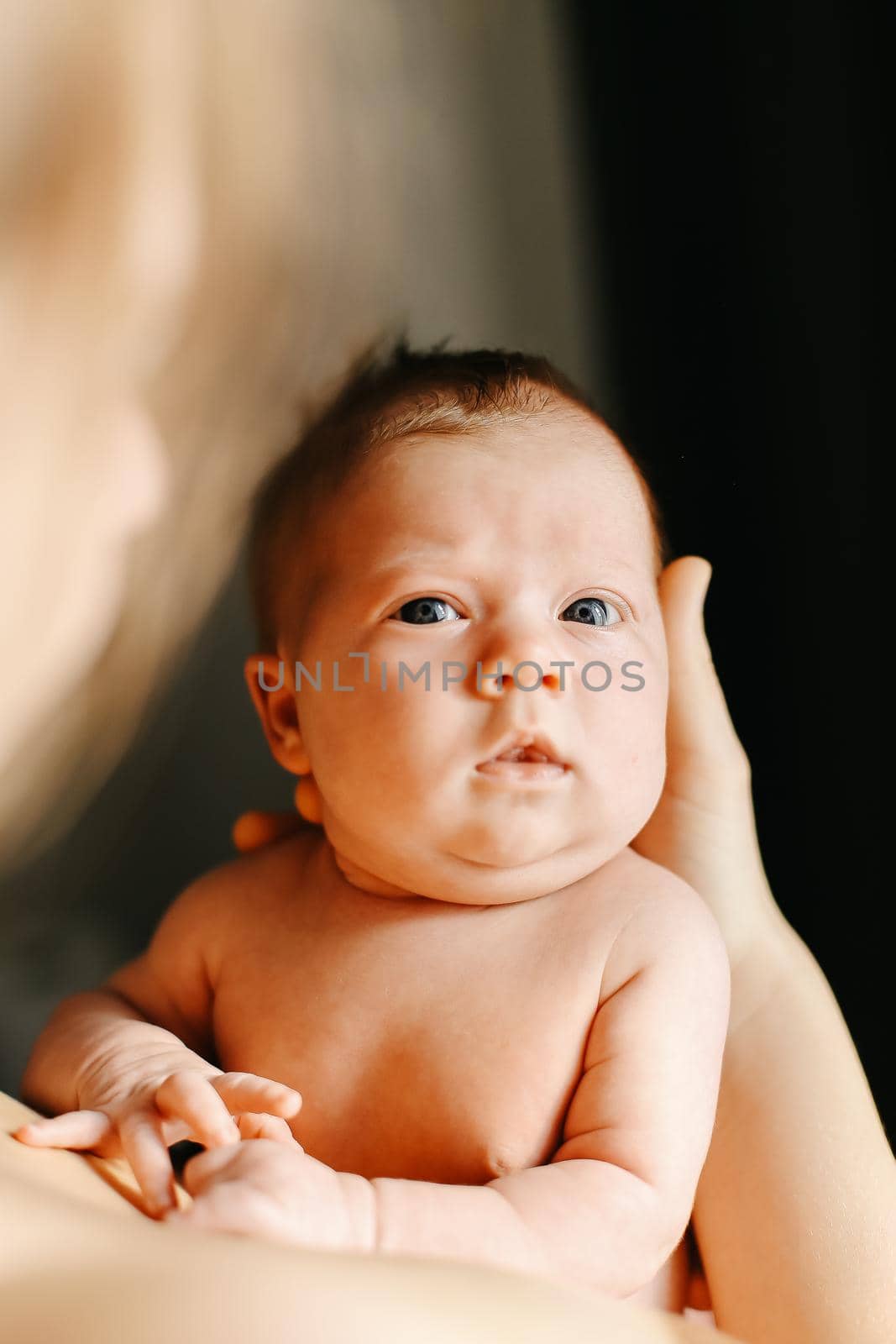 Portrait of adorable caucasian babe in mother hands. Concept of newborn kid photo session and motherhood, kids and childhood. Selective focus