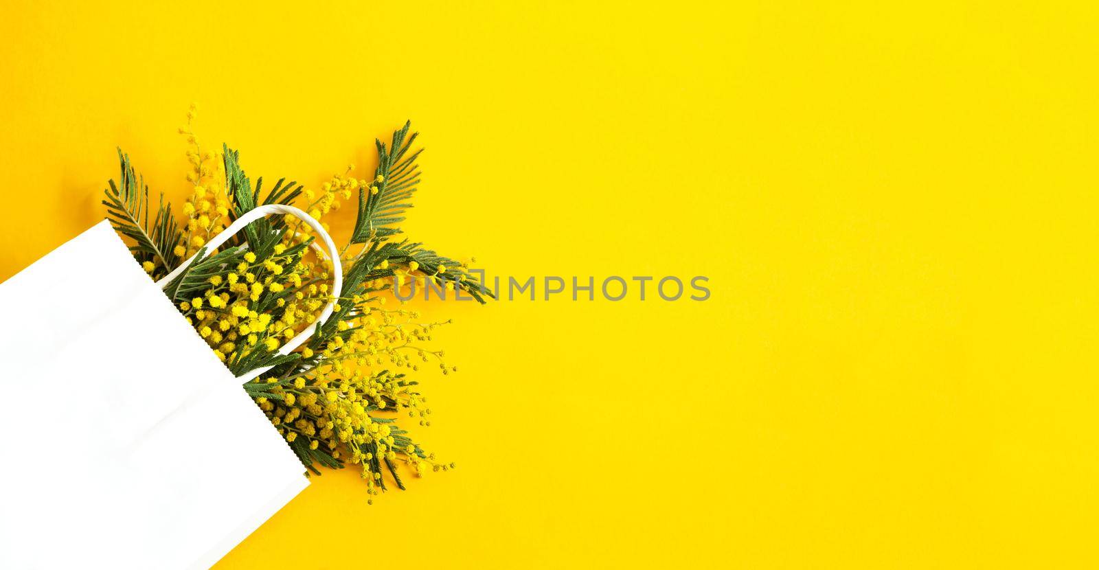 A bouquet of mimosa in a white mock up gift bag. Spring shopping, gifts and promotions for International Women's Day. Yellow background, copyspace. by Simol