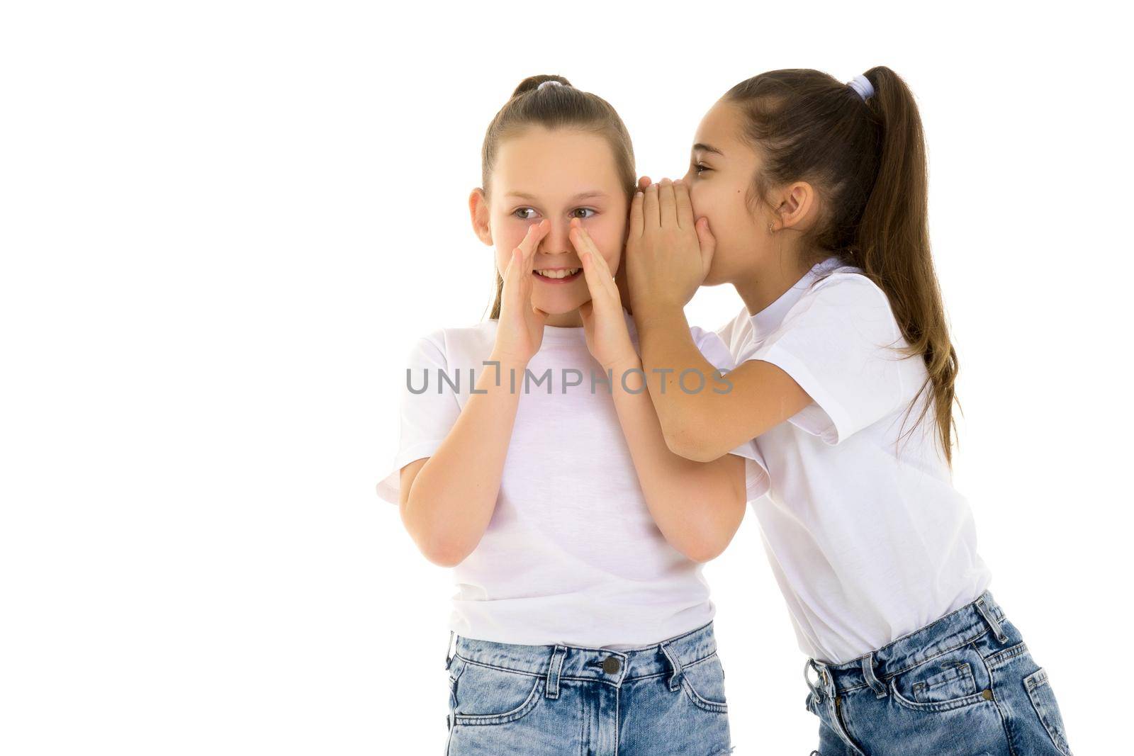 Two girls telling a secret and expressing surprise isolated on white