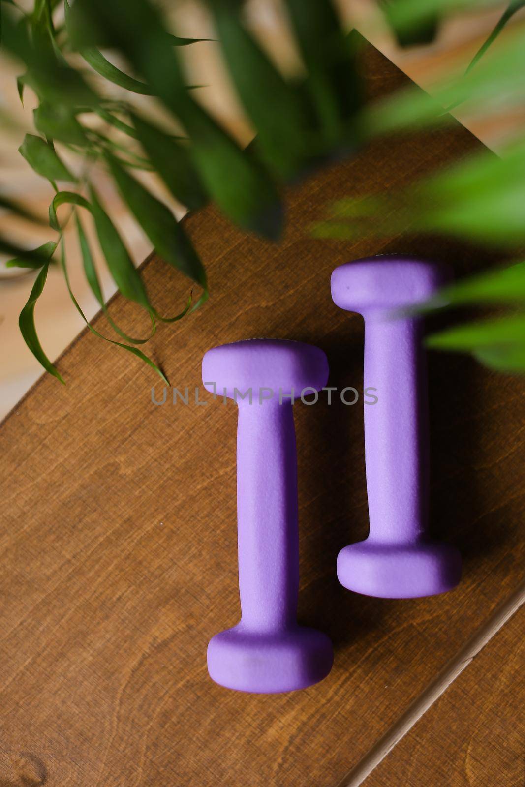 Light weight violet women dumbbells lying on wooden table. Concept of rehabilitation and sport training equipment.