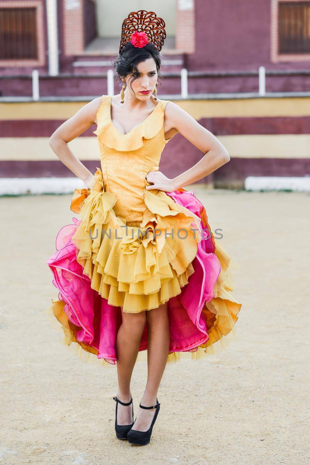 Portrait of a pretty woman, model of fashion, wearing a dress in a bullring. Spanish style