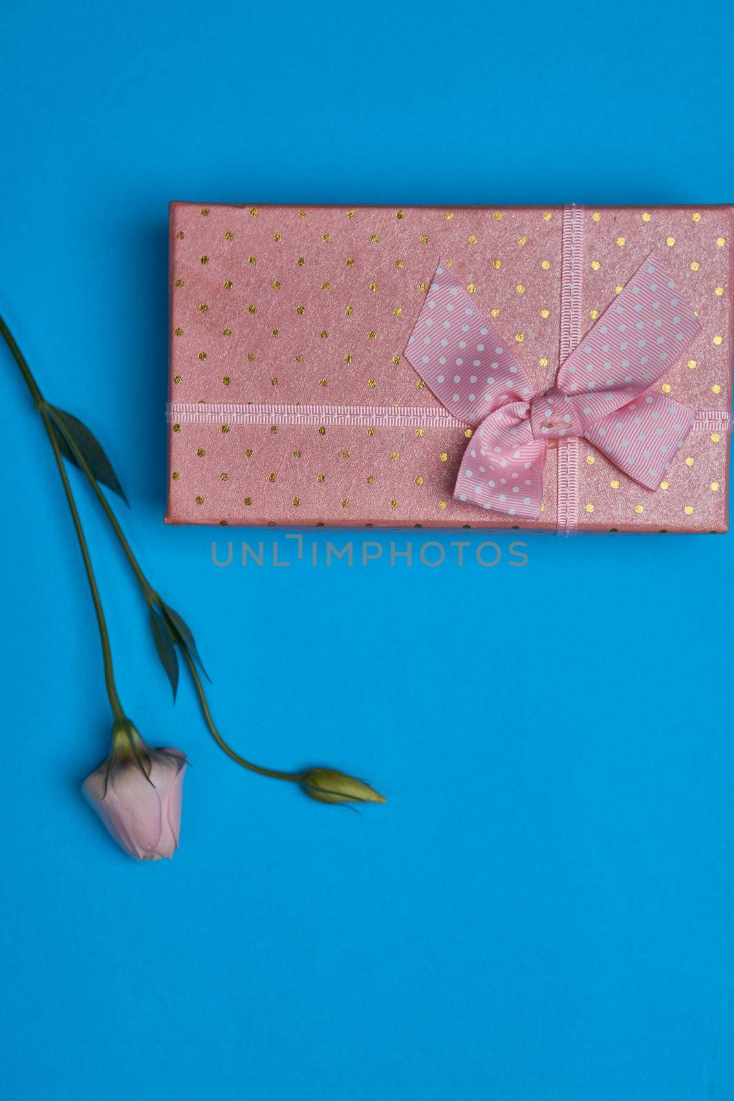 Gift box wedding flowers decoration top view. High quality photo