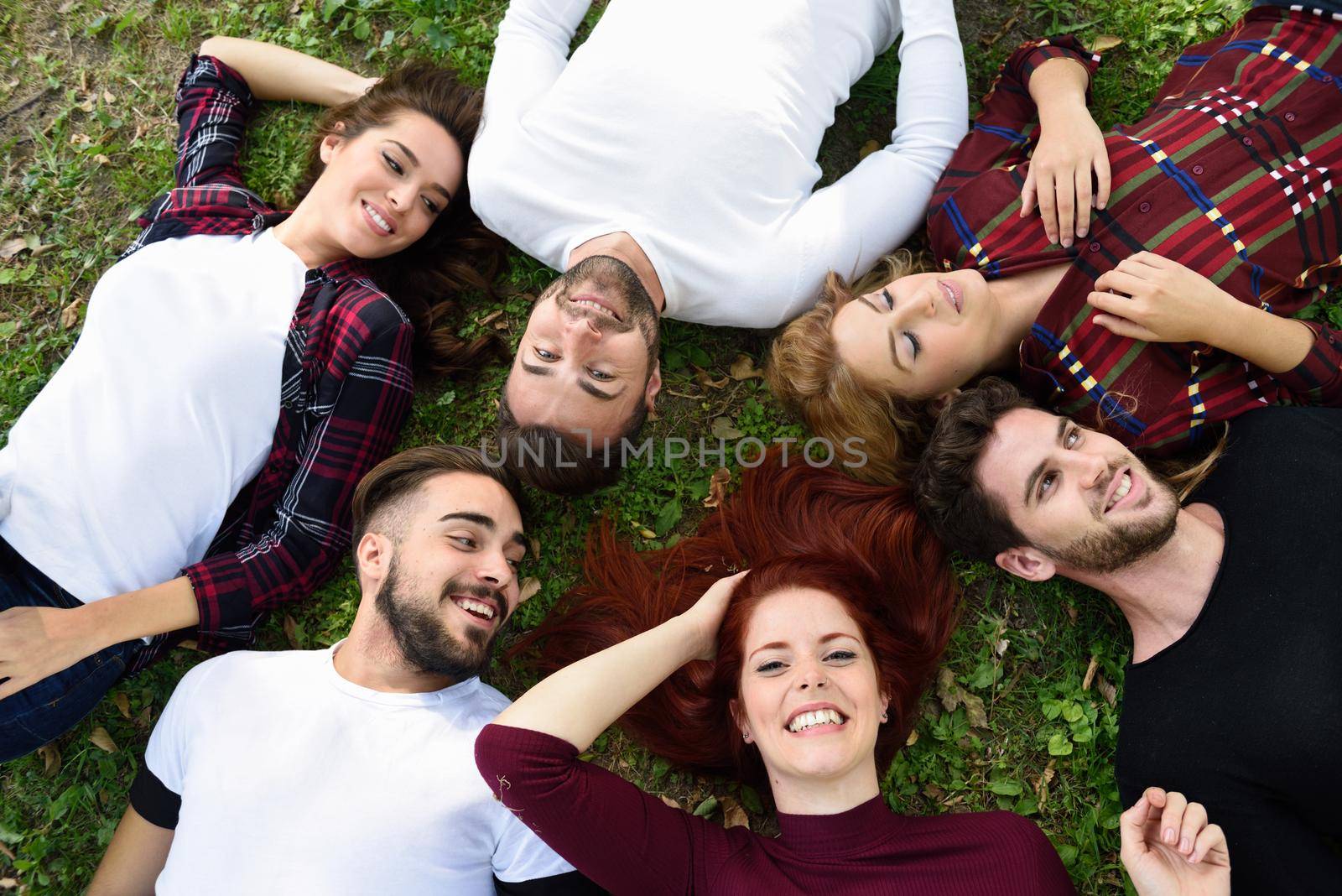 Women and men laying on grass wearing casual clothes. Group of young people together outdoors in urban park.