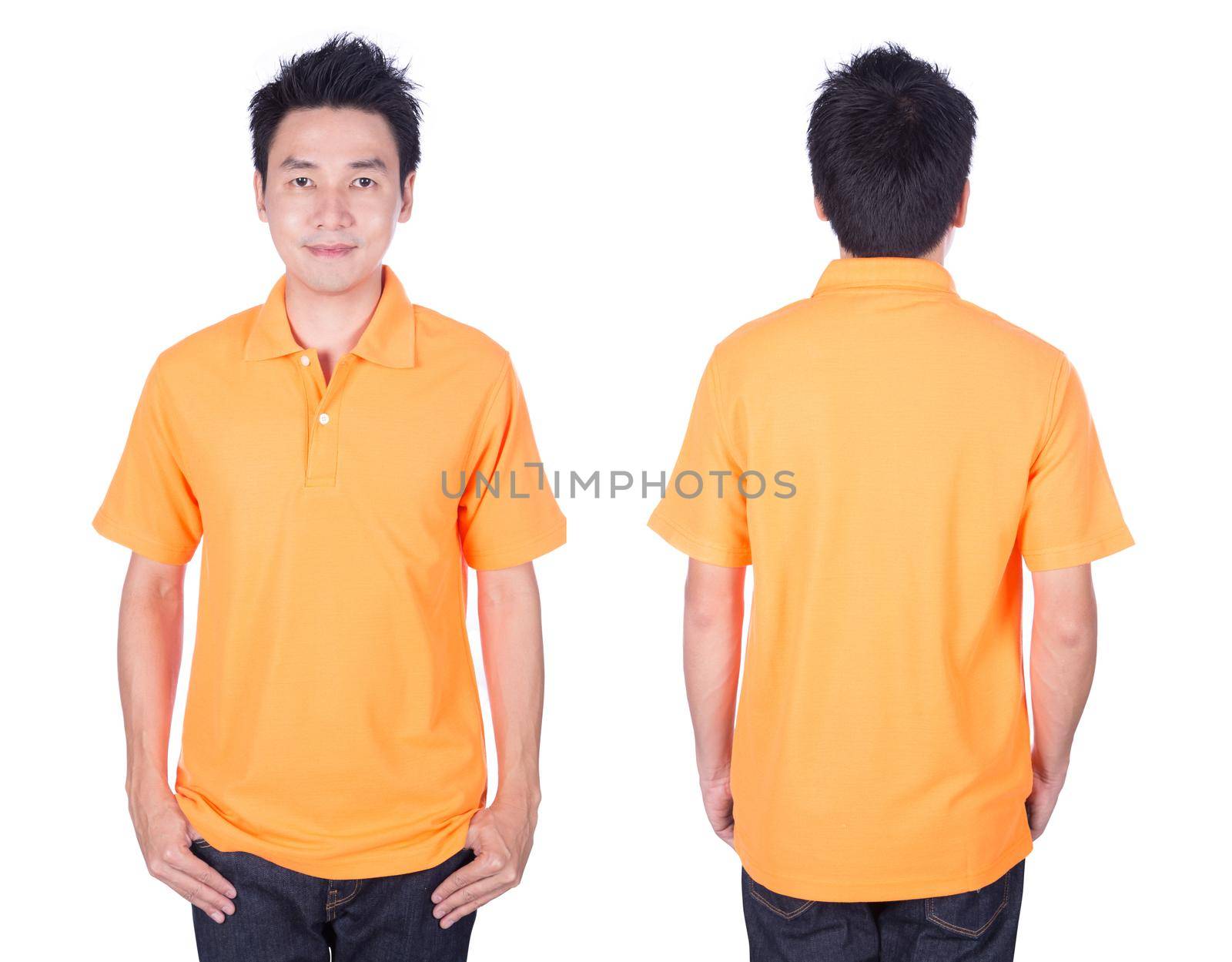 man with orange polo shirt on white background by geargodz