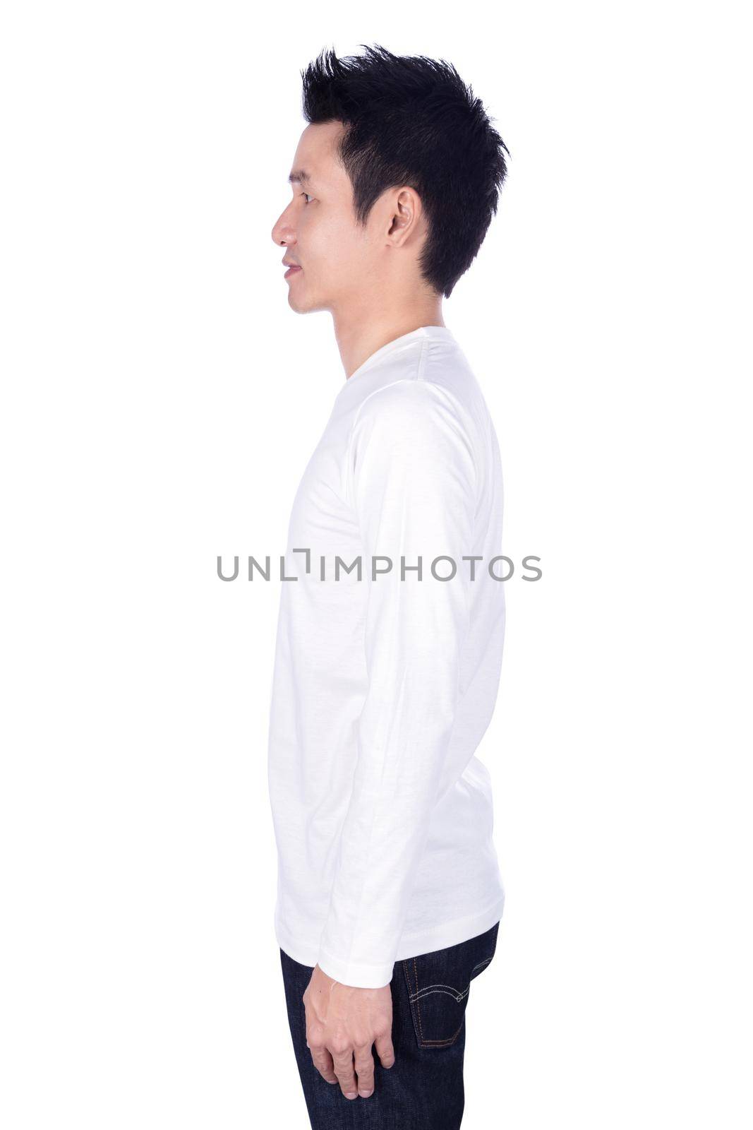 man in white long sleeve t-shirt isolated on a white background (side view)