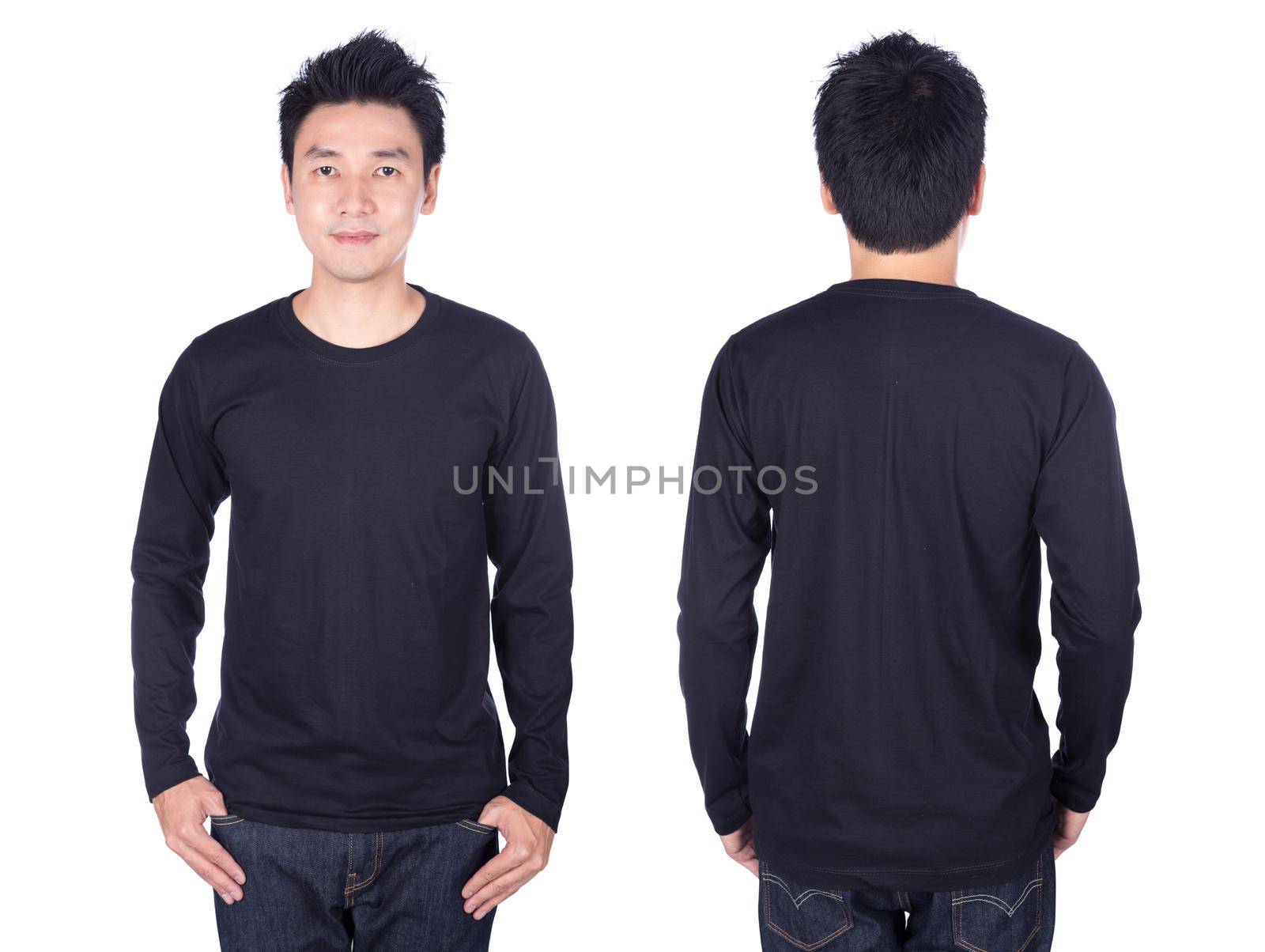 man in black long sleeve t-shirt isolated on a white background