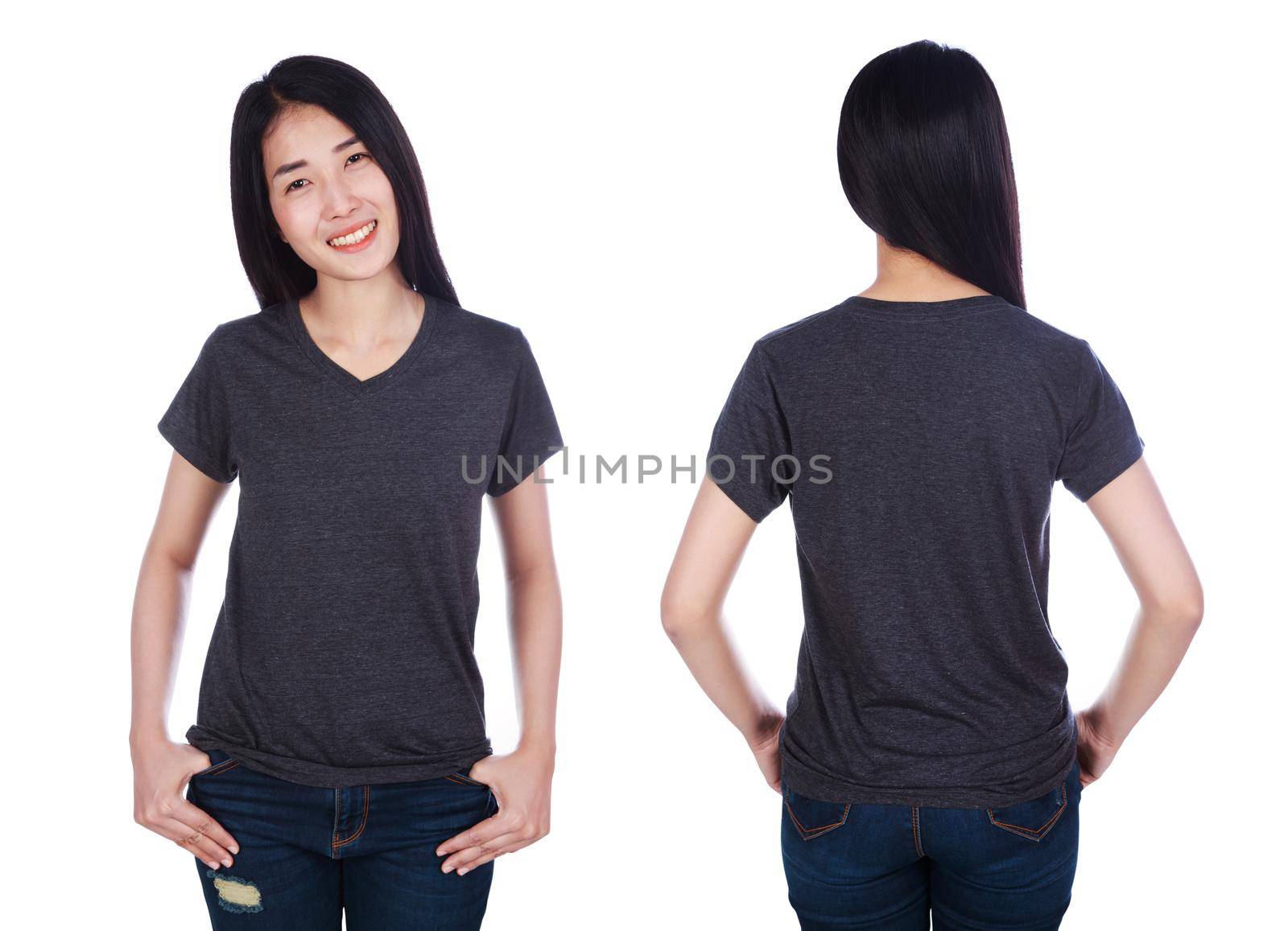 woman in black t-shirt isolated on a white background