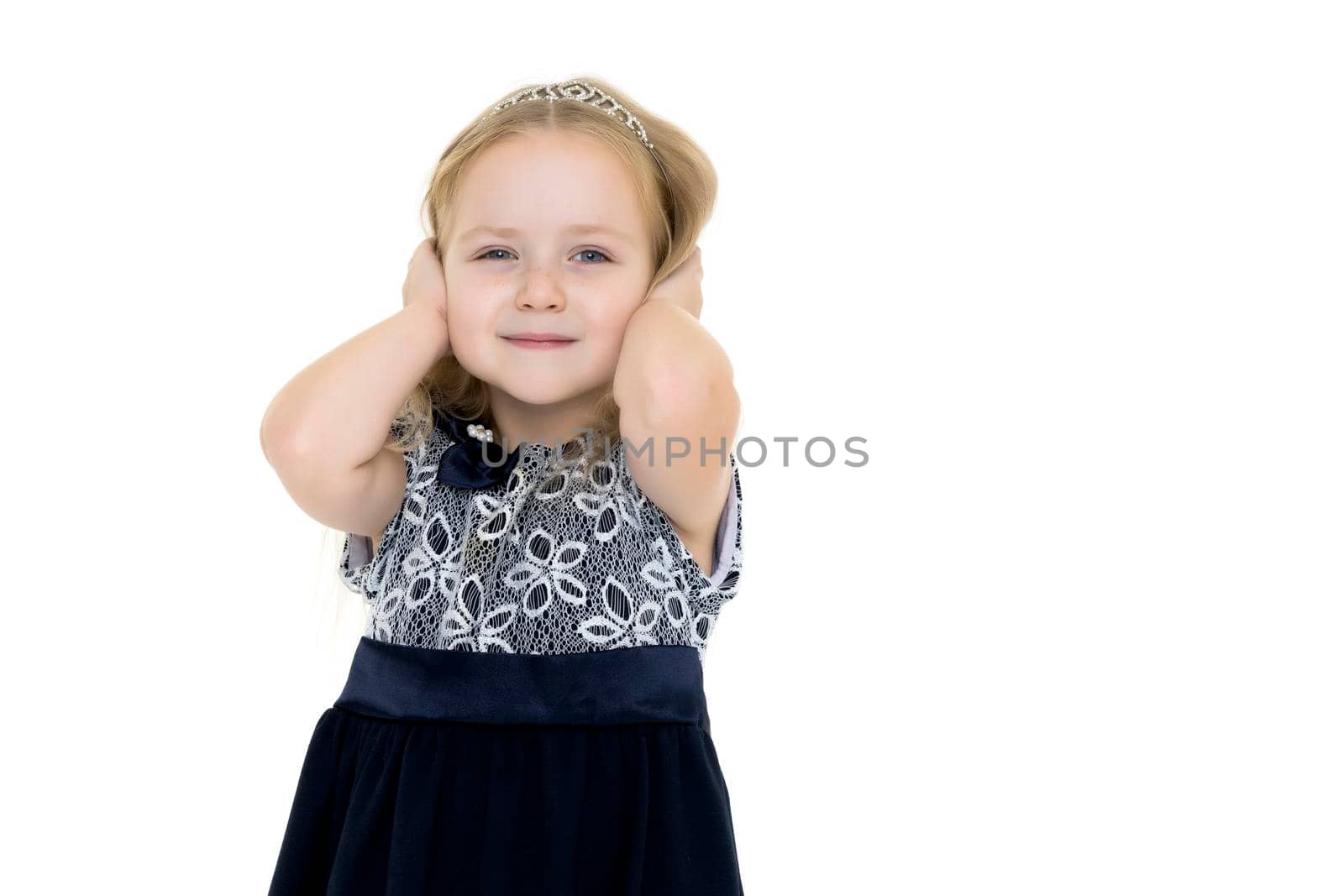 Little girl in an elegant dress. Close-up. Isolated on a white background. by kolesnikov_studio